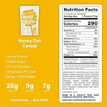 Oats Overnight Honey Oat Cereal High Protein Oatmeal, 2.7 oz, 8 Pack