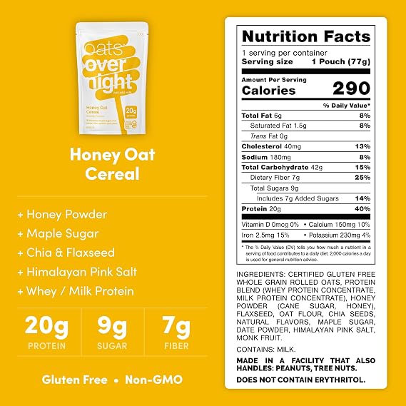 Oats Overnight Honey Oat Cereal High Protein Oatmeal, 2.7 oz, 8 Pack