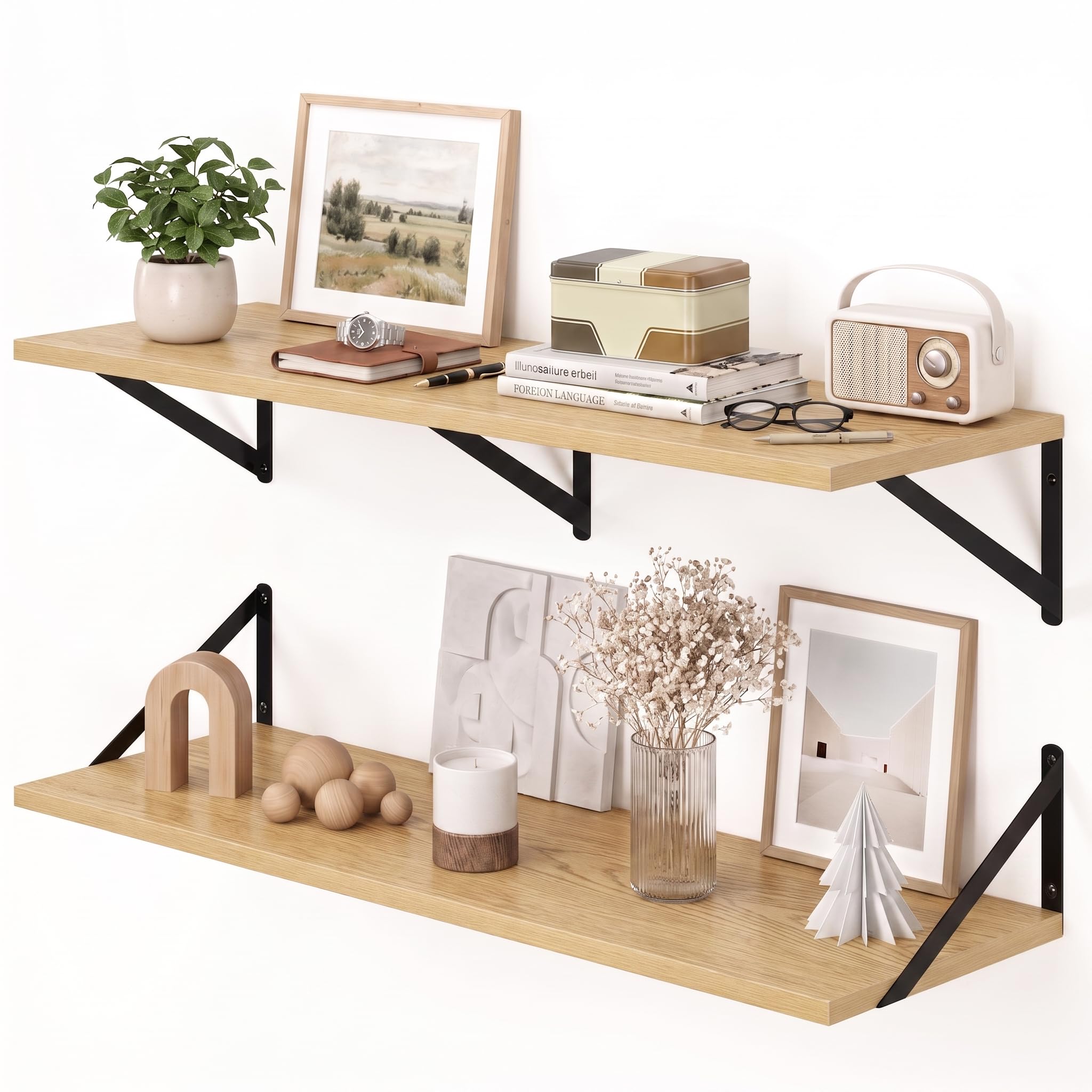 Fun Memories Deep Floating Shelves for Wall, 90 x 30 cm Wall Mounted Shelves Set of 2, Wide Display Ledge Shelf with Sturdy Metal Brackets for Bathroom, Bedroom and Kitchen, Oak