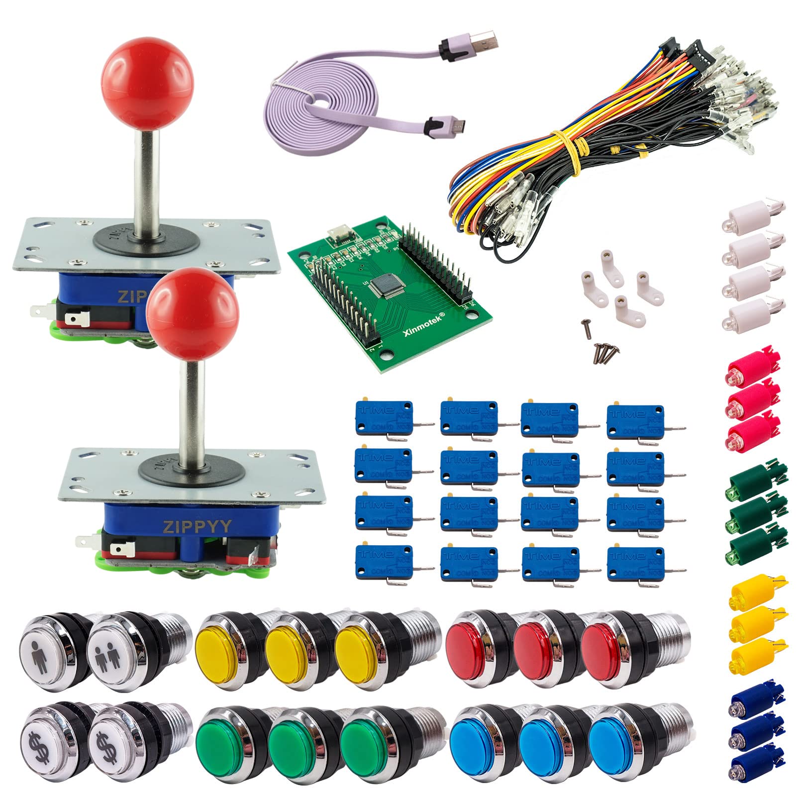 Kit Joystick e Pulsanti Arcade 2 Giocatori Luminosi Pulsanti Cromi Joystick Zippyy Asta Lunga Palla XinMoTek Videogiochi Retro Gaming