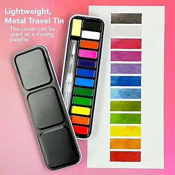 ArtSkills Travel Watercolor Kit ، مجموعة ألوان مائية للأطفال والكبار ، لوحة سفر مع فرشاة مياه