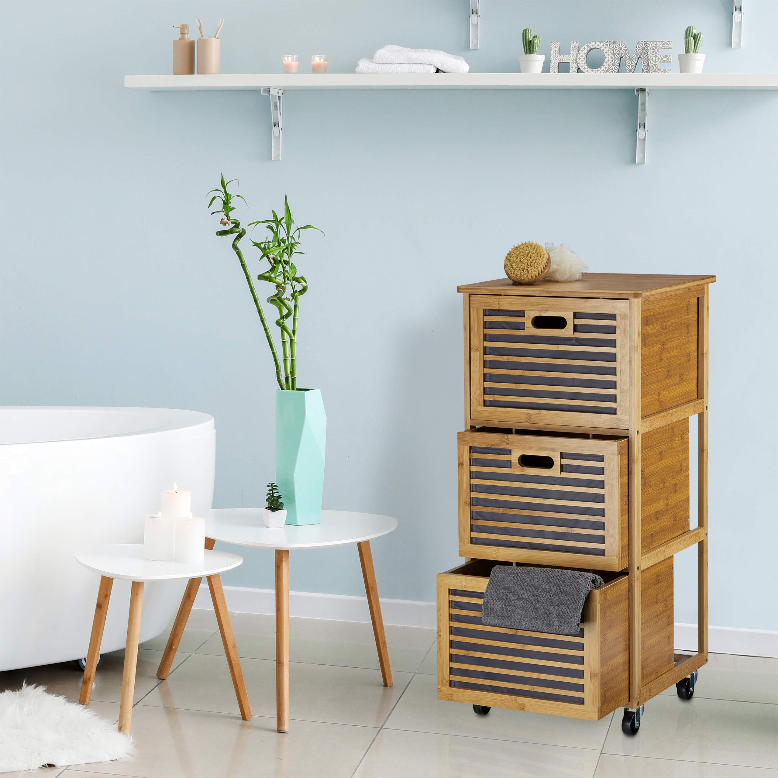 Relaxdays Wysokie szuflady na kółkach z bambusowych przegródek, wymiary: 92 x 41 x 41 cm rozwiązanie do przechowywania z 3 pudełkami z kółkami jako kosz i uchwyt na przybory łazienkowe, naturalny