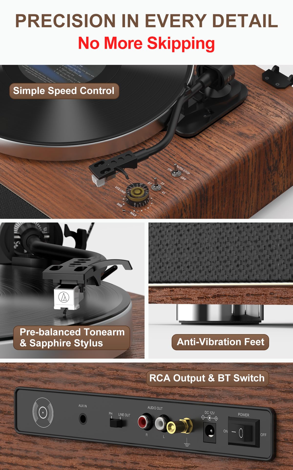 Retrolife Plattenspieler mit Integrierten Lautsprechern Riemenantrieb 33/45 U/min Vinyl Schallplattenspieler Unterstützt Bluetooth-Wiedergabe mit Auto-Stopp Funktion RCA Out und AUX-In Gelb-braun