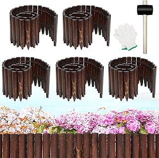 Hicarer 5 Pcs Total 20 ft Wood Garden Edging Fence Border Wood Landscape Border No Dig Decorative Flower Bed Barriers with Gloves Hammer for Tree Lawn Yard, 8" H x 47" L for Each(Brown)