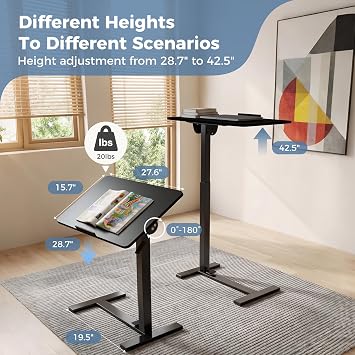 DUMOS Overbed Table with Wheels, Height-Adjustable Bedside Table, Black