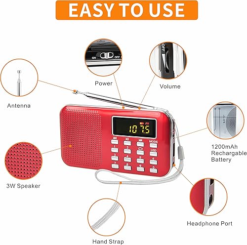 Miniatura 2 de Radios Altavoz MP3 portátil AMFM, compatible con micro SDUSB, graba música, batería recargable, mini radio con la mejor recepción (rojo)