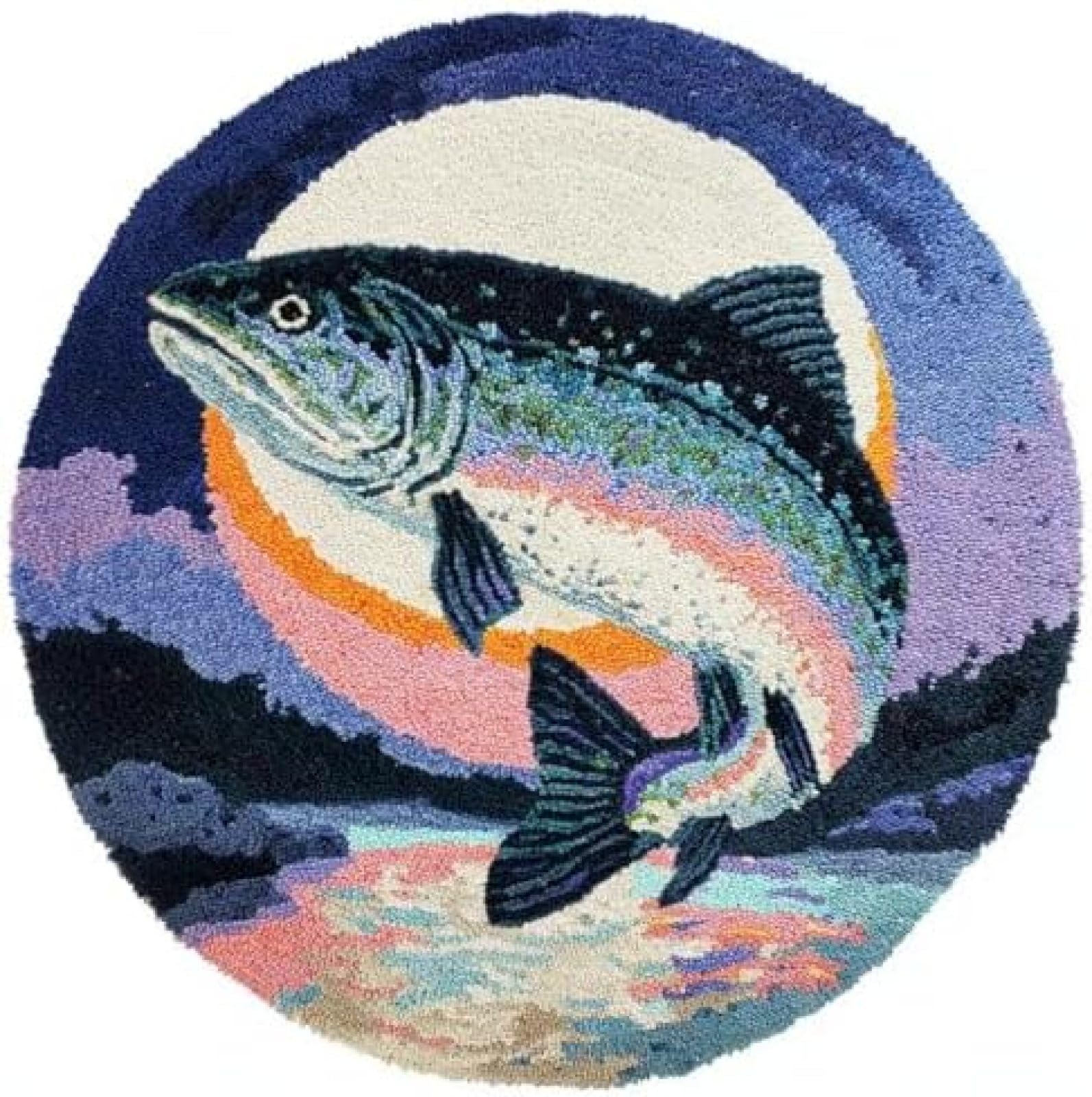 XDEGHUANGSS Latch Hook Rug Kit Trout Fish Moonlit Round Rug 52x52cm
