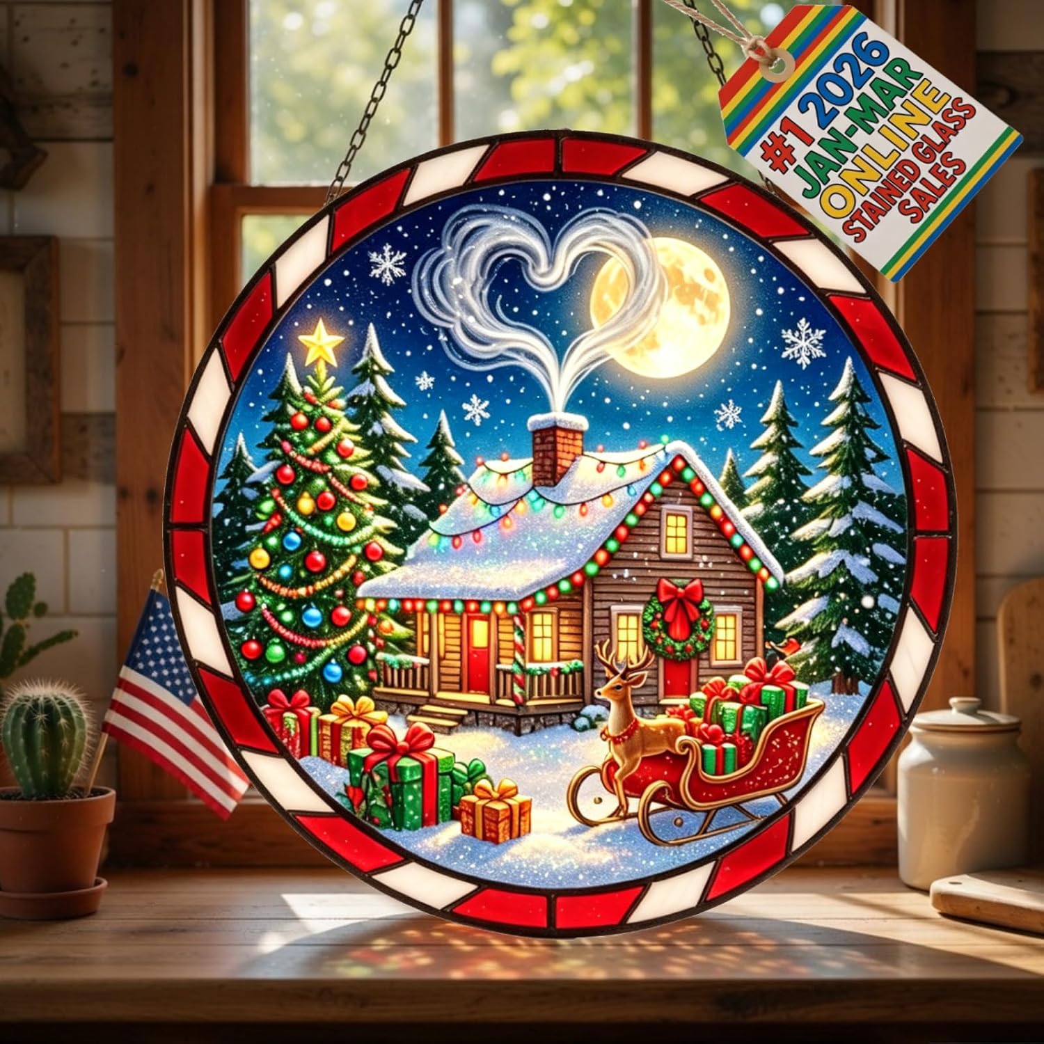 Christmas Cabin Stained Glass Suncatcher for Windows, 8 Inch Reindeer Sleigh & Cozy Log Cabin Window Hanging, Festive Winter Decor Gift for Family & Christmas Lovers