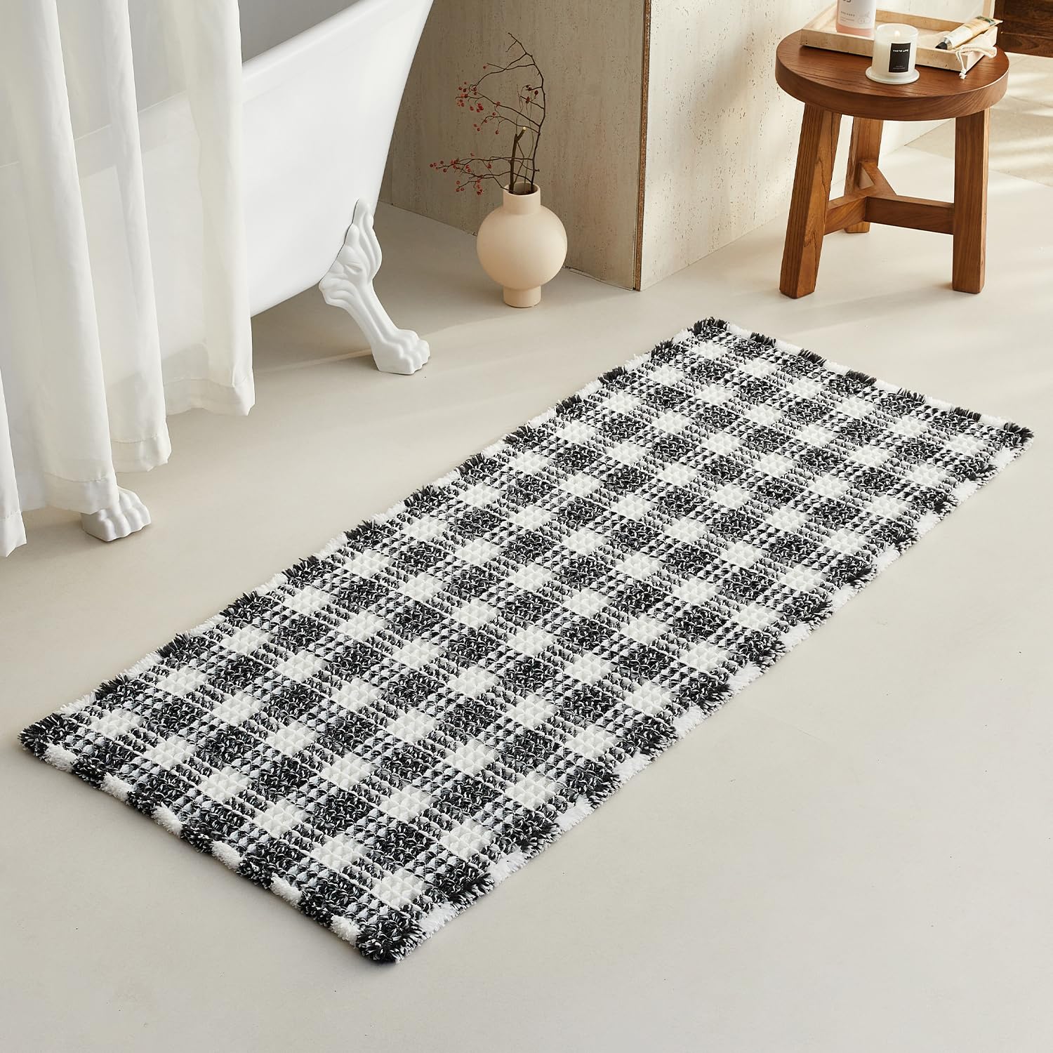 TYUU Waffle Runner Rug Bathroom, Long Boho Bath Mat, 60x24 Black &amp; White