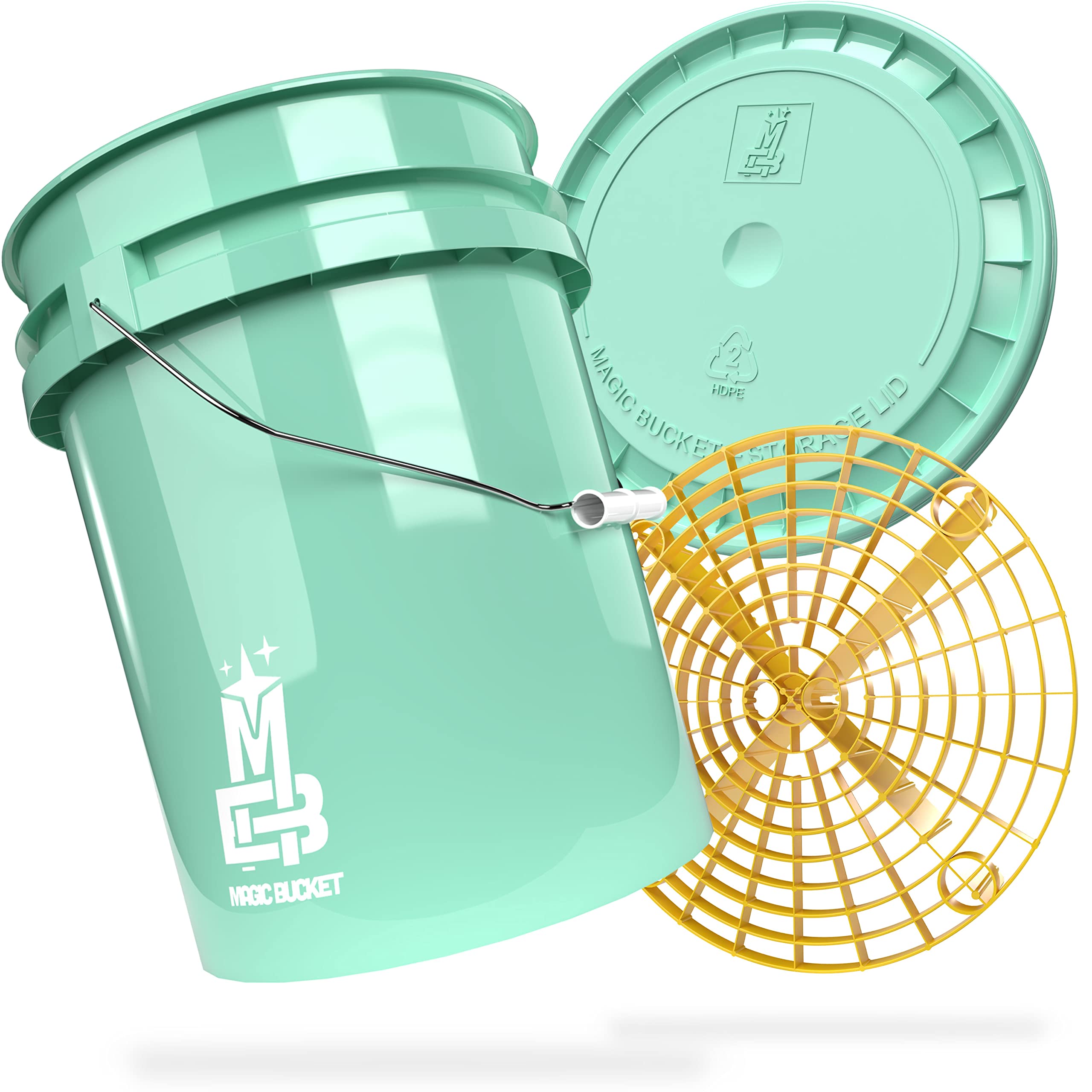 MAGIC BUCKET | Paquete de lavado a mano para coche, cubo de lavado con tapa a juego, 5 galones de EE. UU. aprox. 20 litros, con bandeja de grit, colador de suciedad, juego de lavado, menta/amarillo