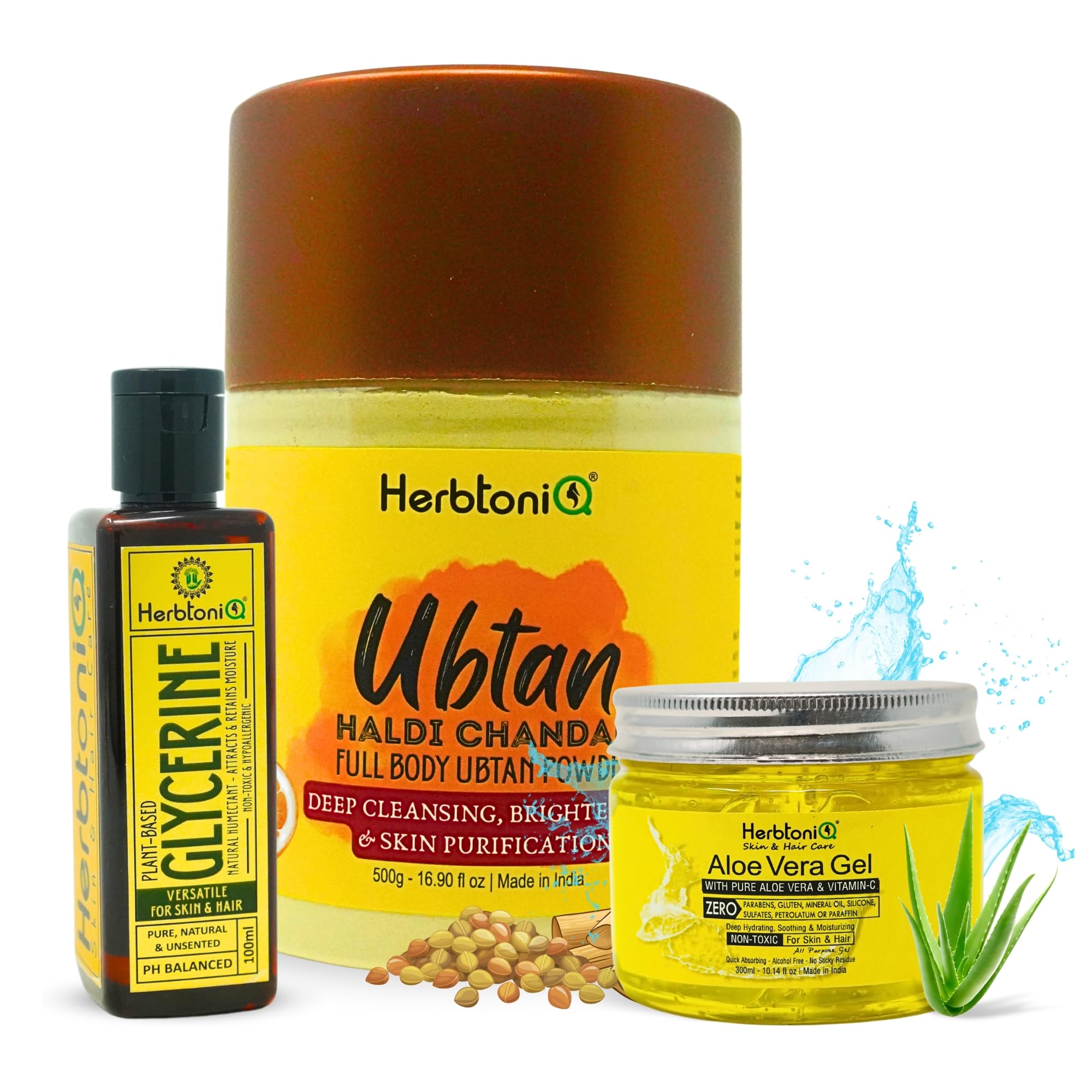 HerbtoniQ Natural Skincare Combo Pack, Ubtan Powder 500g, Aloe Vera Gel 300ml, Glycerine 100ml for Deep Cleansing, Glowing Skin-image-35