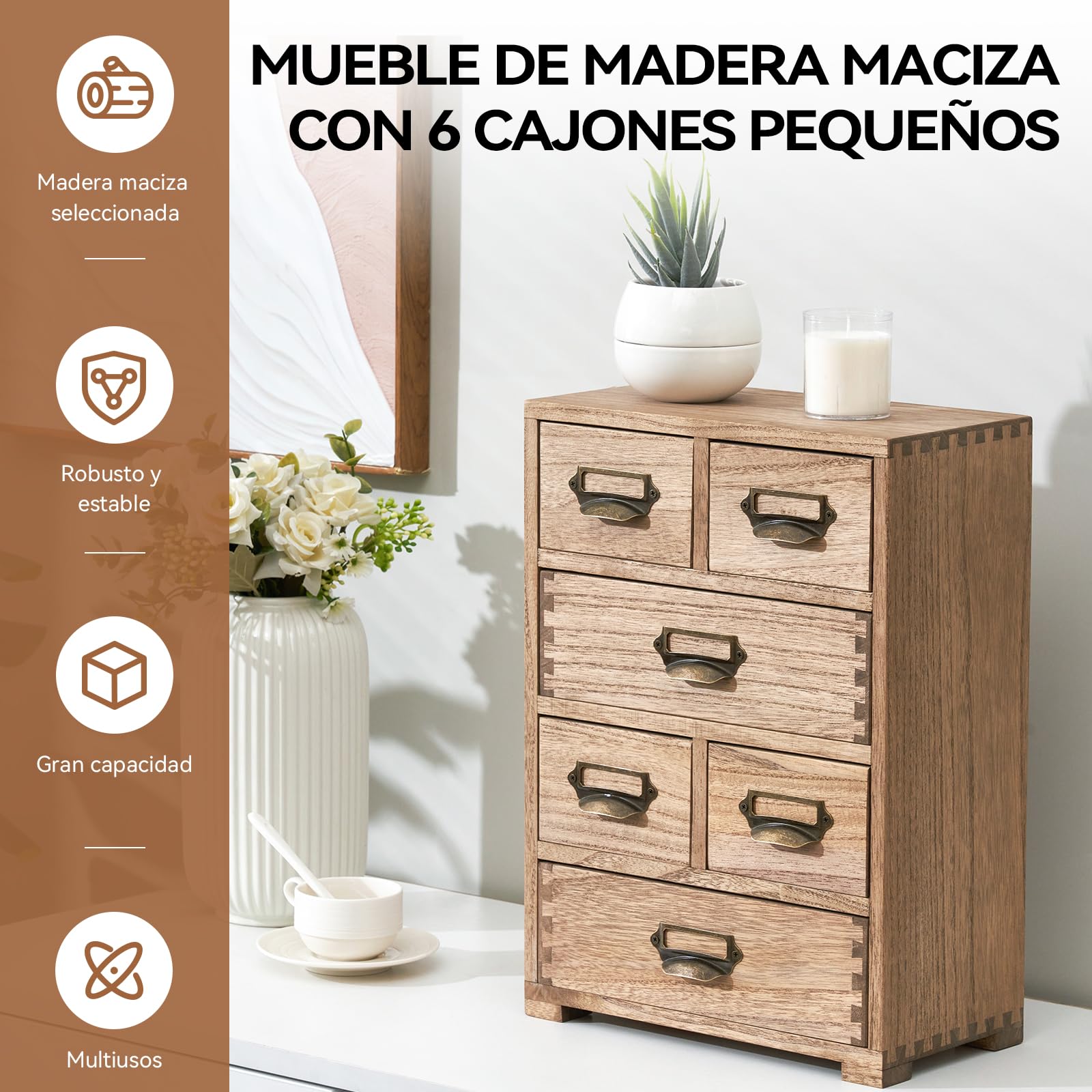 KIRIGEN Caja Organizadora de Madera Maciza para Escritorio y Oficina en Casa - Cajón Multiusos con Gran Capacidad, Diseño Funcional 4 niveles color marrón