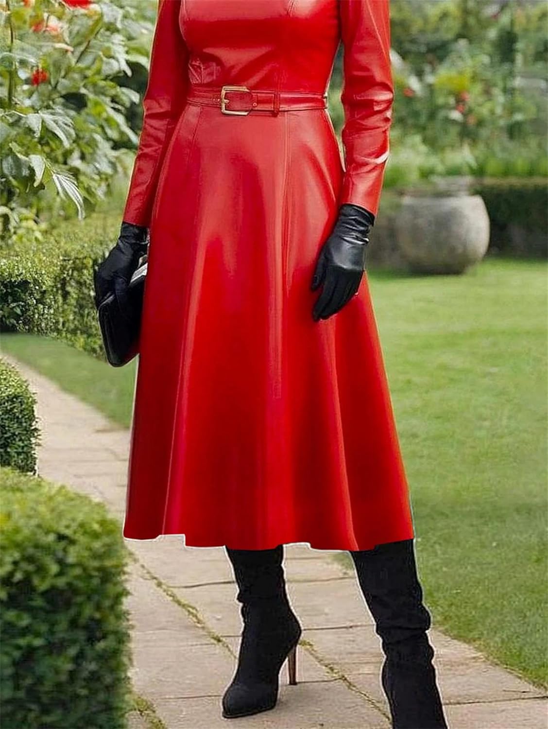 Women's Pu Leather Midi Dress Mock Neck Belted Long Sleeve Slim Fit Sexy Club Fall Party Wear