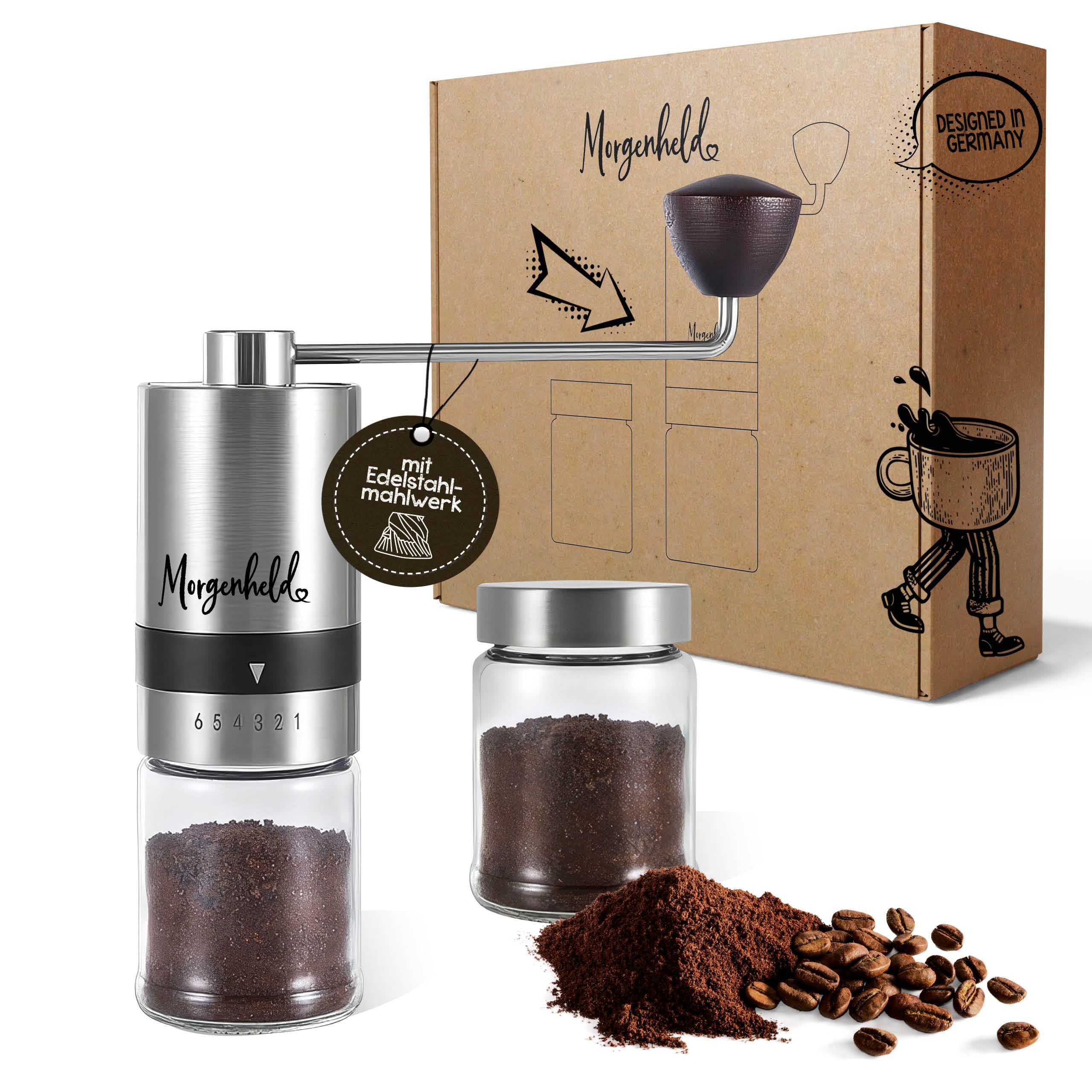 Morgenheld Molinillo de café manual de acero inoxidable, 2 recipientes de cristal, 6 grados de molienda (de expreso a cerveza fría), molinillo de café de mano para viajes, molinillo de café para el