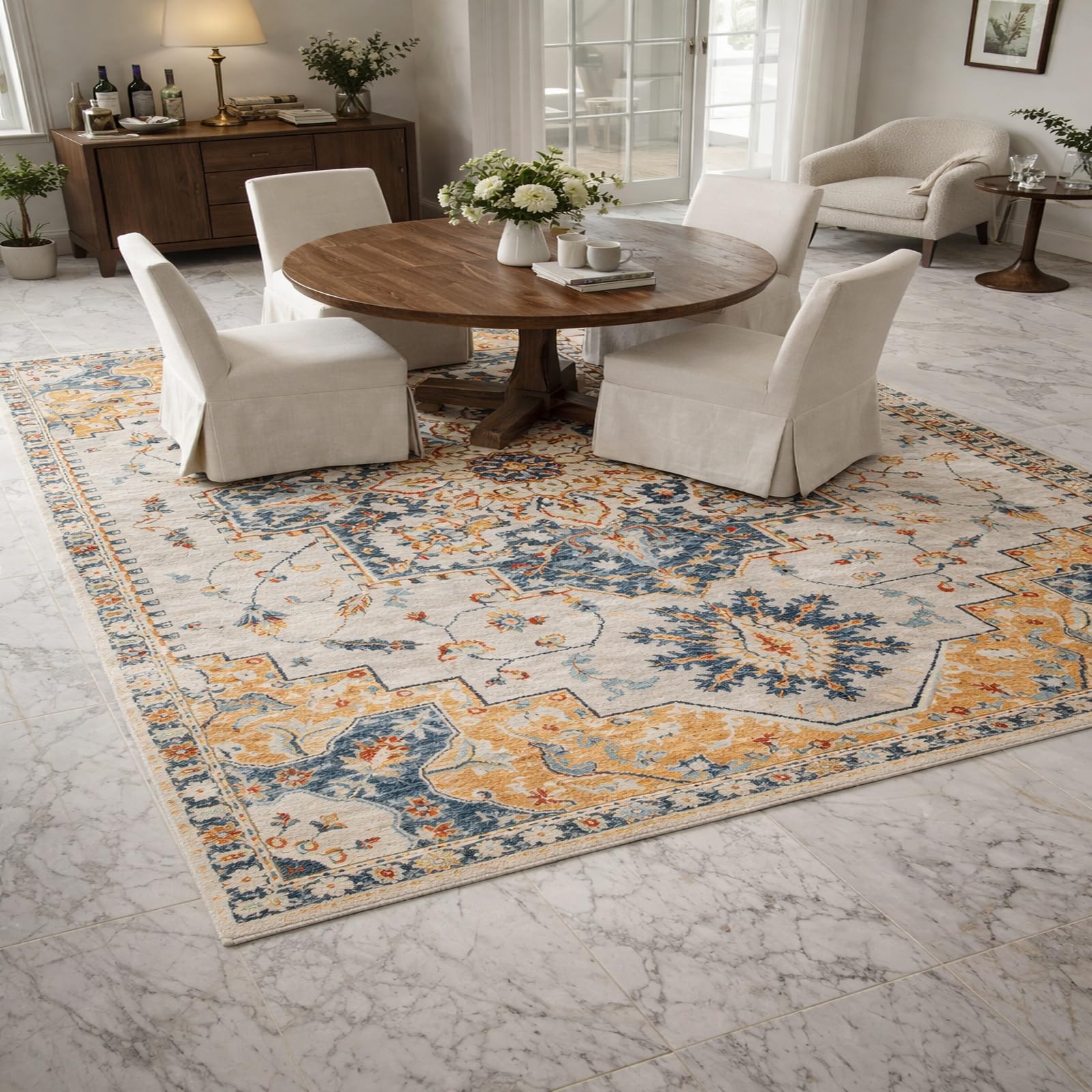 Alfombra beige 100x200 cm para dormitorio con diseño geométrico floral