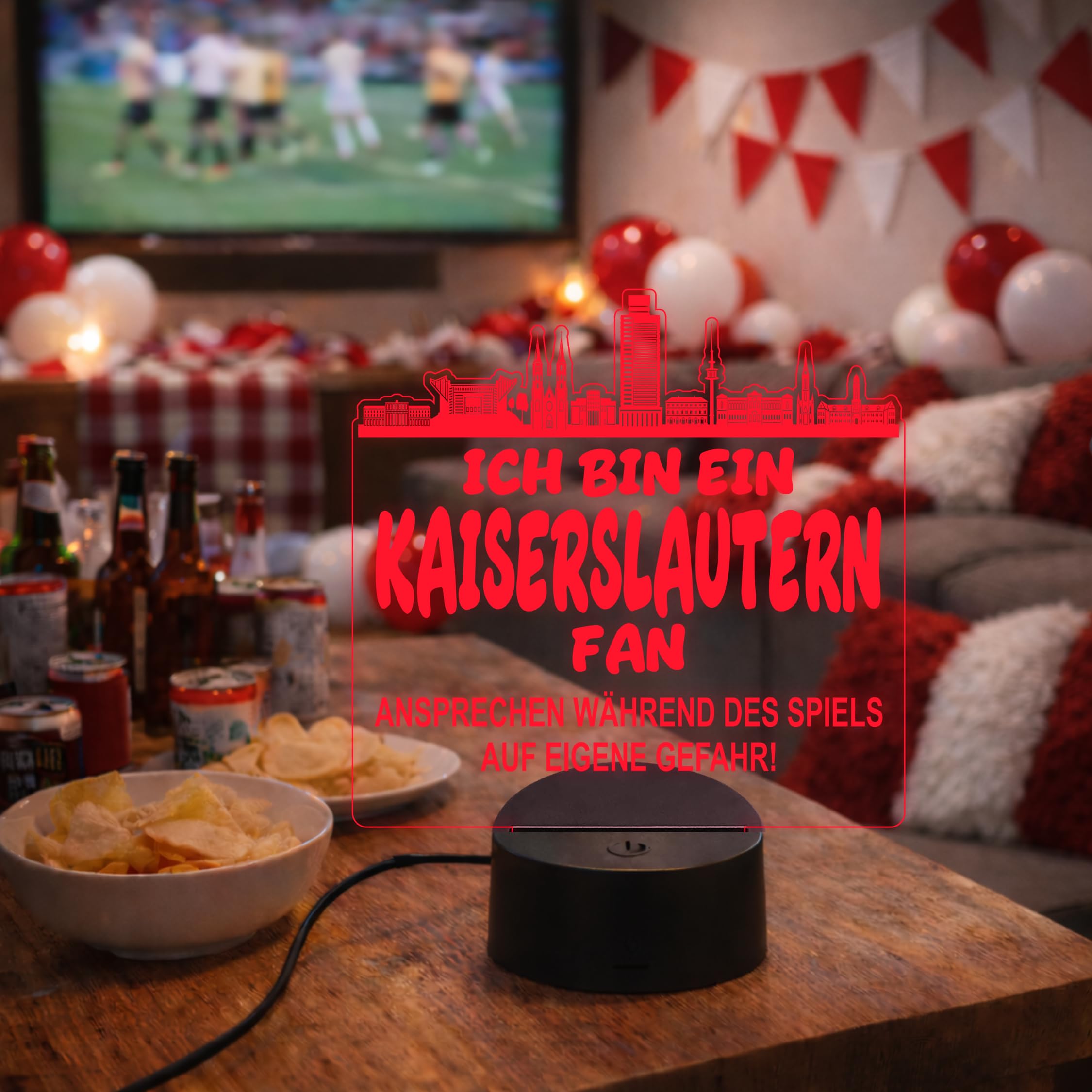 Lieblingsmensch Kaiserslautern Fan Fußball LED Nachtlicht – 3D Skyline Design „Ansprechen auf eigene Gefahr“ – RGB Farbwechsel mit Fernbedienung & Touch – Stimmungslicht für die Man Cave – 19x23cm