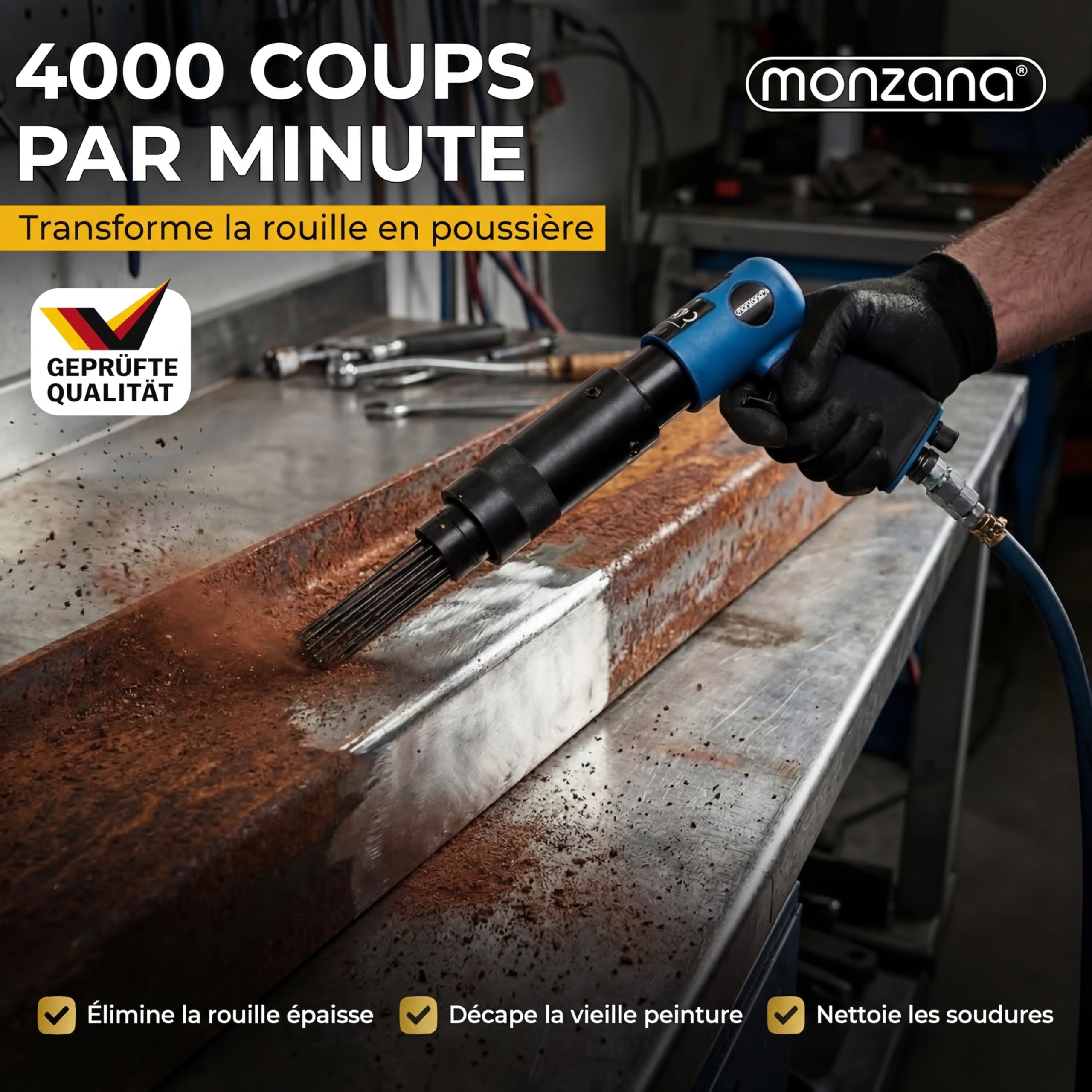 MONZANA® Dérouilleur à aiguilles pneumatique 4.000 tr/min air 260 L/min décapeur burineur marteau air comprimé rouille peinture tête de rechange