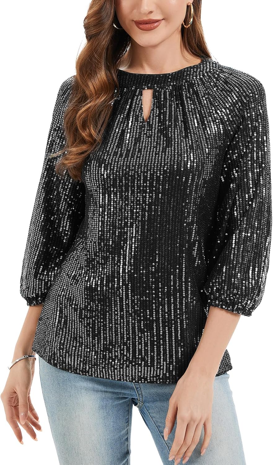 Women's Elegant Sparkly Sequin Tops 3/4 Sleeve Glitter Dressy Keyhole Blouses Club Party Tops
