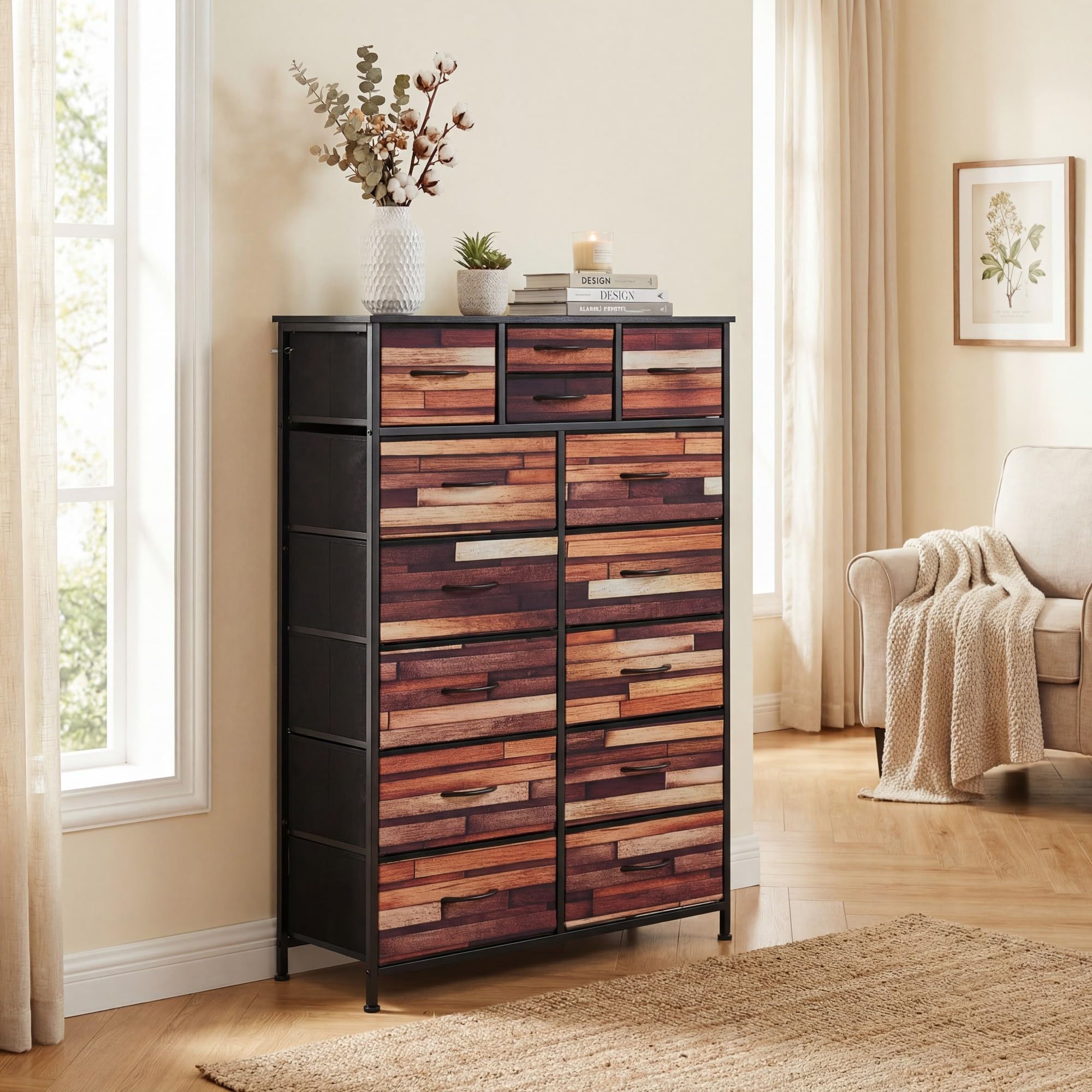 SOARS Cassettiera Camera da Letto con 11/14 Cassetti Pieghevoli, Credenza Soggiorno, Mobiletto Contenitore, Comò Multiuso per Salotto, Ingresso, Stile Industriale, in Legno, Metallo (85 x 30 x 120 cm)