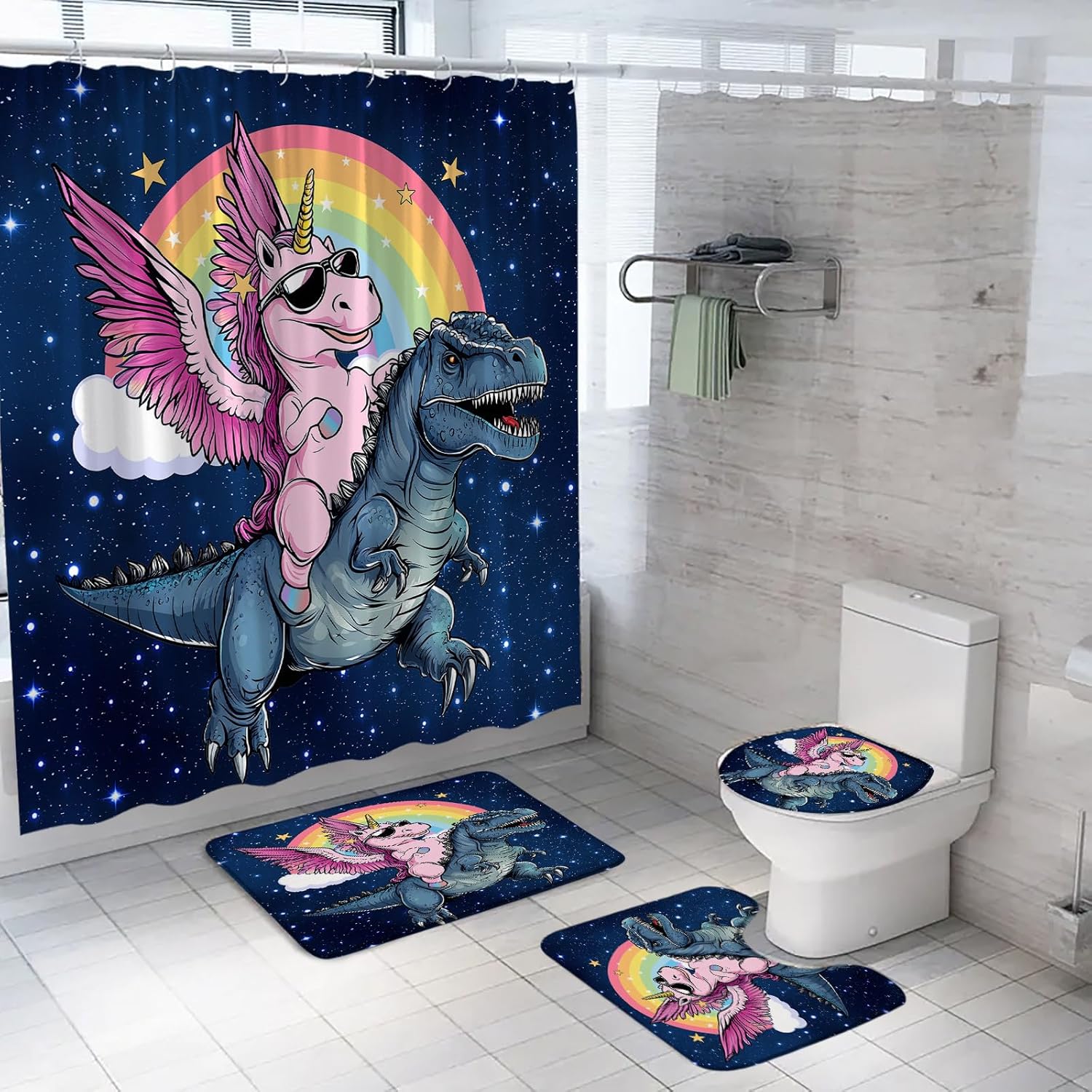 4Pcs Shower Curtain Set Unicorn Riding Dinosaur Bathroom Set with Rugs Funny Cartoon Rainbow Animal Fantasy Galaxy Cute Kids Bathroom Decor (Bath Mat,U Shape and Toilet Lid Cover Mat) and 12 Hooks