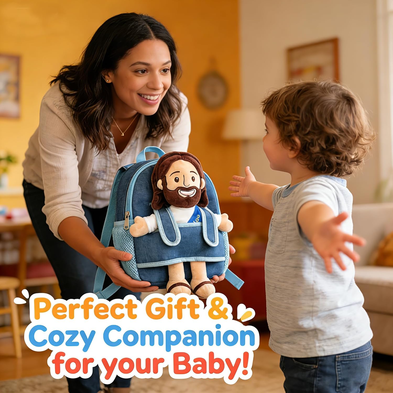 Yelakey Toddler Backpack Jesus Plush Bag with Jesus Doll Take-Along Toy for Boys Girls Travel Birthday Gift