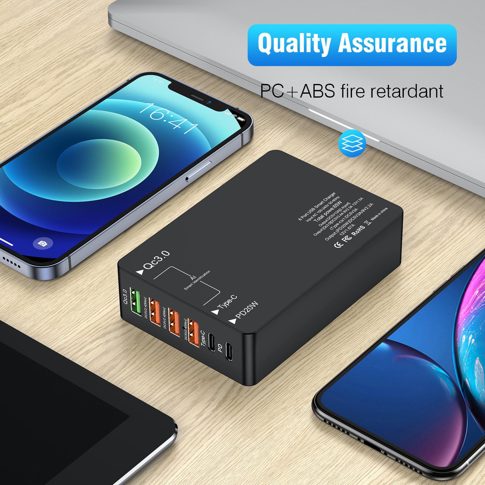 Cargador multipuerto de 65 W Cabezal de carga tipo C Cabezal de carga de teléfono móvil USB de 6 puertos Cargador multipuerto