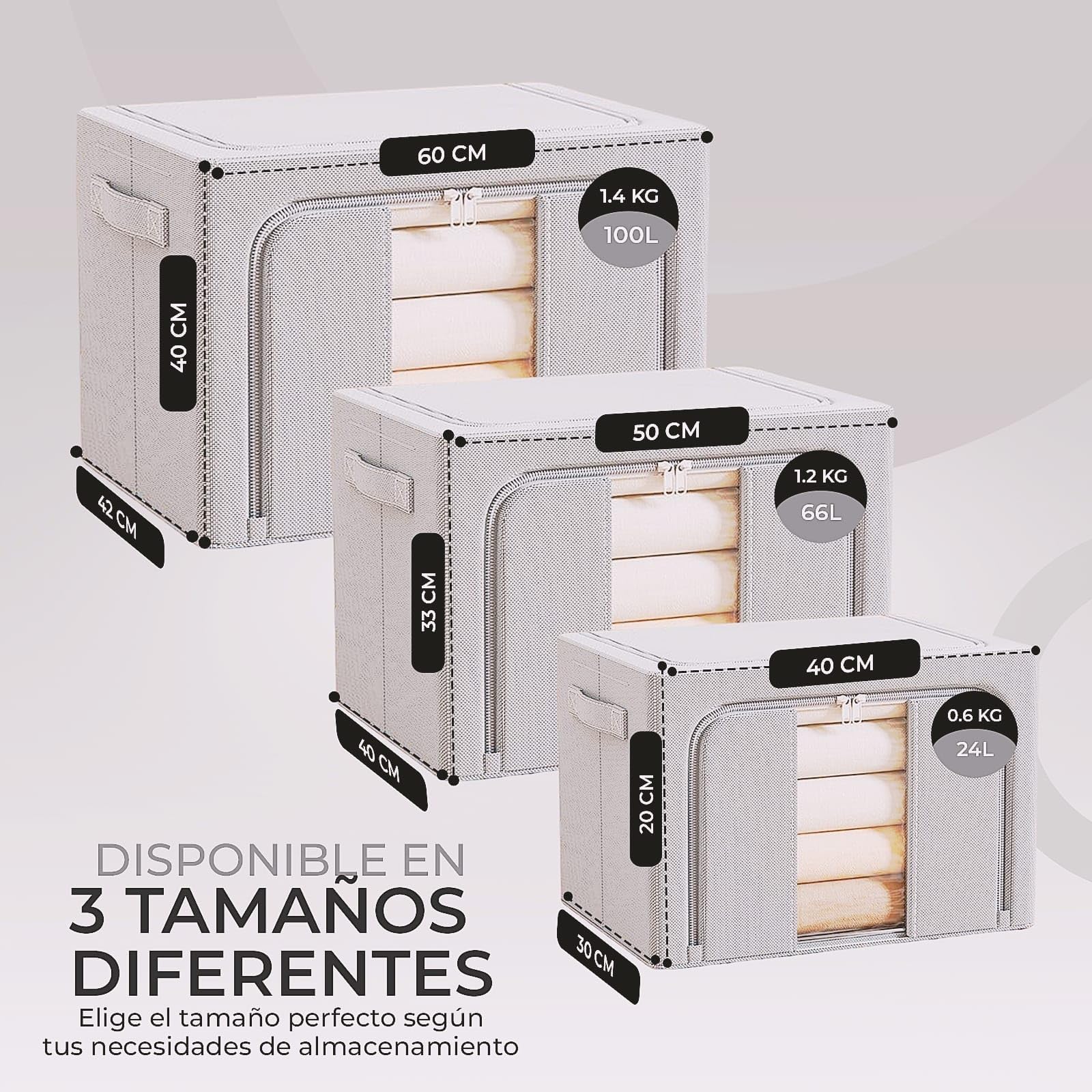 Cajas de Almacenamiento con Cremallera y Ventana Pack 3 Unidades Impermeable Metálica Plegables Gris claro 24L