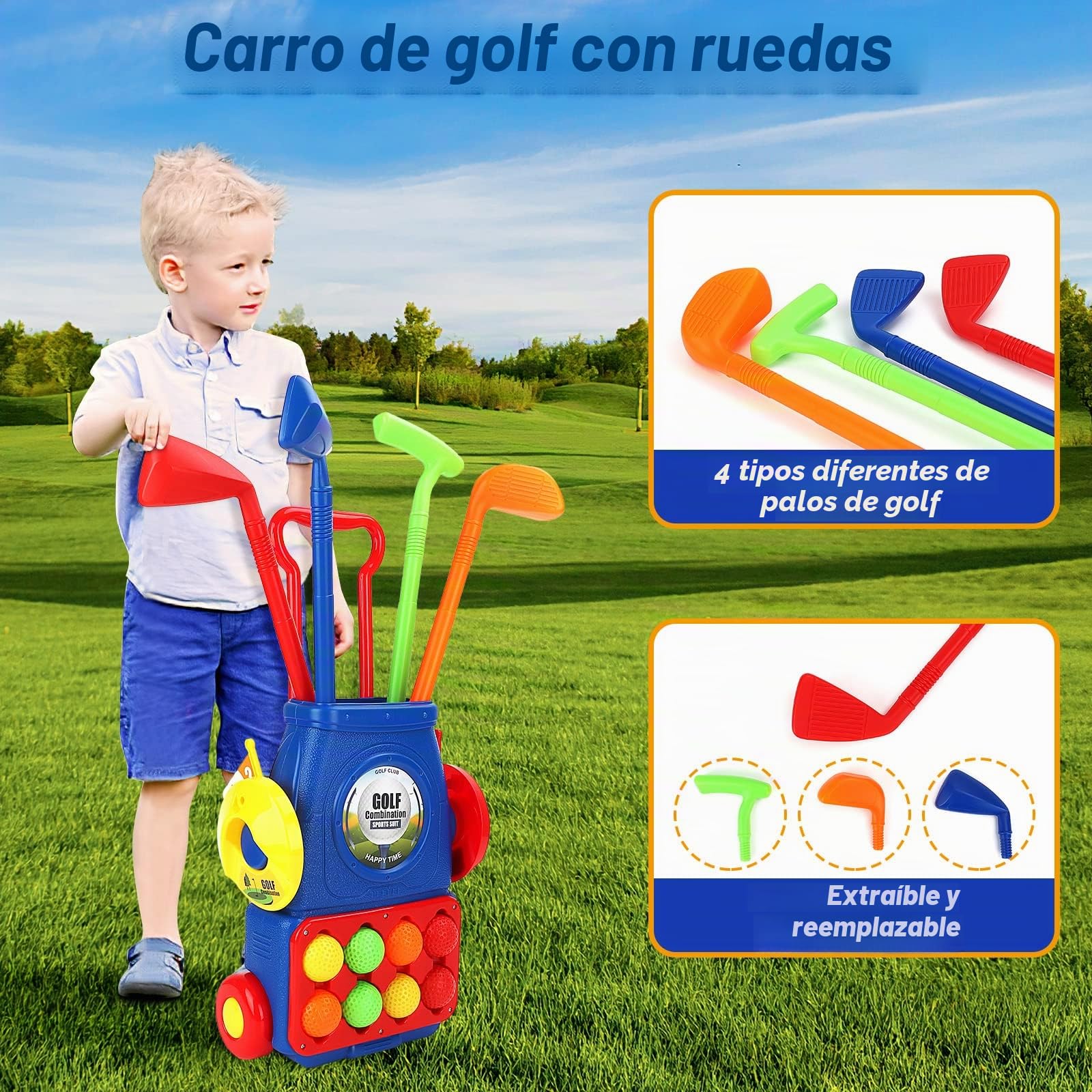 deAO Juego de Golf para Niños, Mini Golfista Plástico, con 4 Palos de Golf, 8 Pelota de Golf, Carro de Golf, Juguete Educativo Temprano Infantiles 3 4 5 6 años