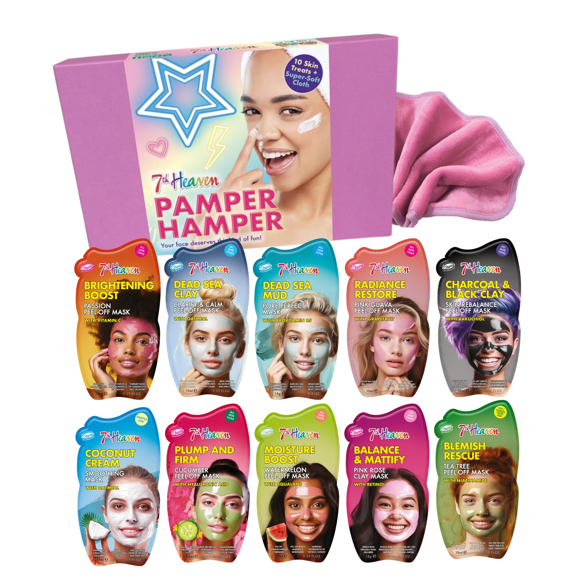 7th Heaven Luxury Pamper Hamper - 10 Face Masks & Spatula - Beauty Gift Set for Women - Skincare Set with Peel-Off, Clay & Hydrating Masks - Spa Experience at Home Skin Care