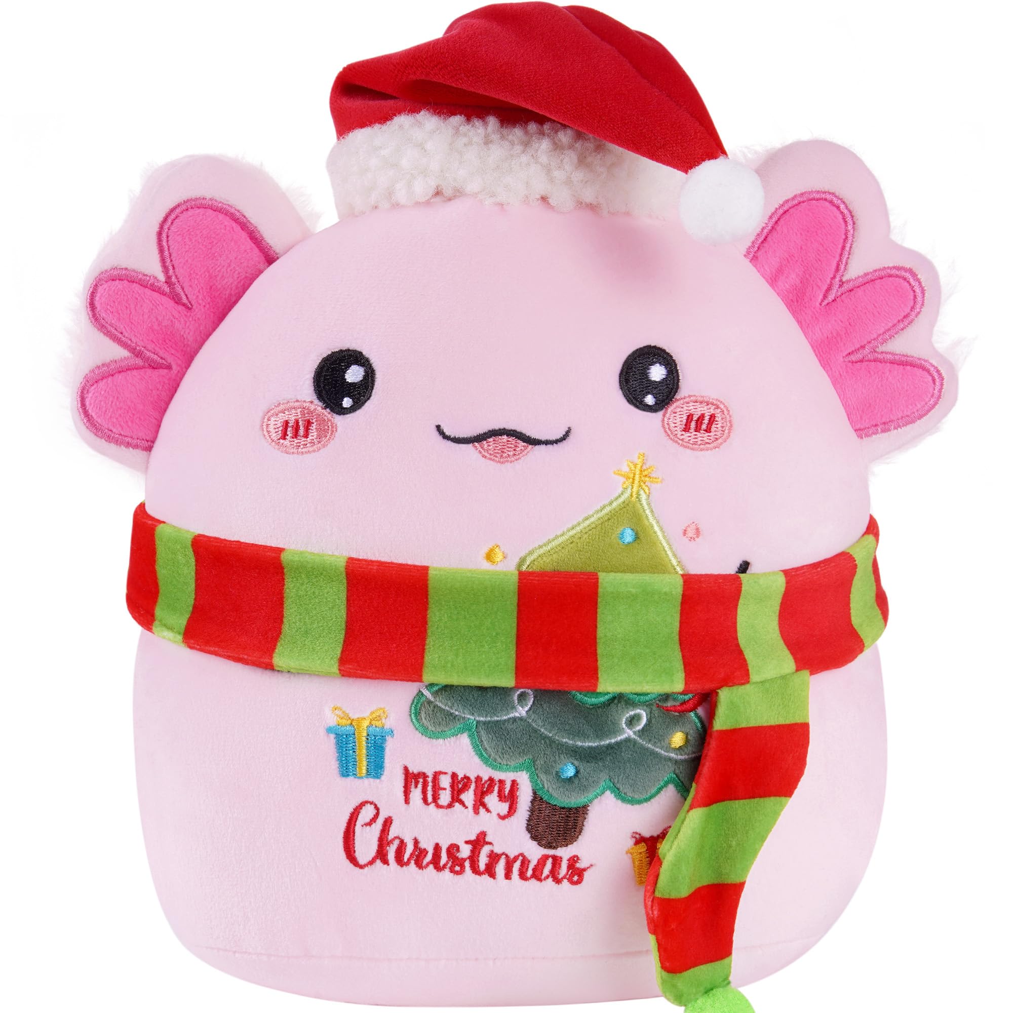 Christmas Axolotl Plush Toy 8 Inch Cute Pink Axolotl Stuffed Animal Embroidered Tree and Scarf Soft Holiday Plushie
