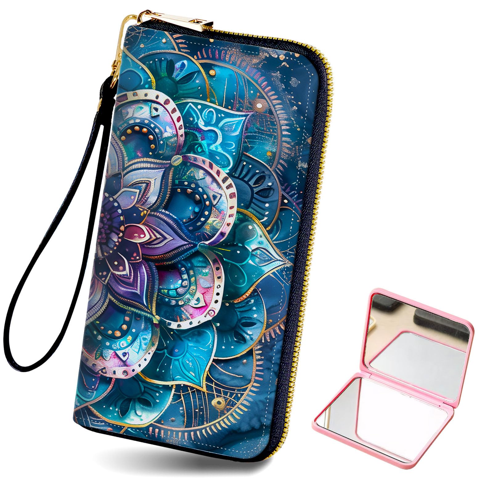 Tudguiloae Long Wallet for Women, PU Leather Wristlet Wallet with Zipper Dark Mandala Credit Card Holder Pocket Business Stylish Convenient Travel Wallet with Wrist strap and Pink Mirror
