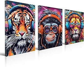 ZQTkid Triptych Wrapped Canvas Wall Art Painting - Tiger, Monkey, Lion with Headphones - Modern Graffiti Wall Hanging Decor for Music and Animal Lovers (Tiger, Monkey, Lion, 12" x 16")