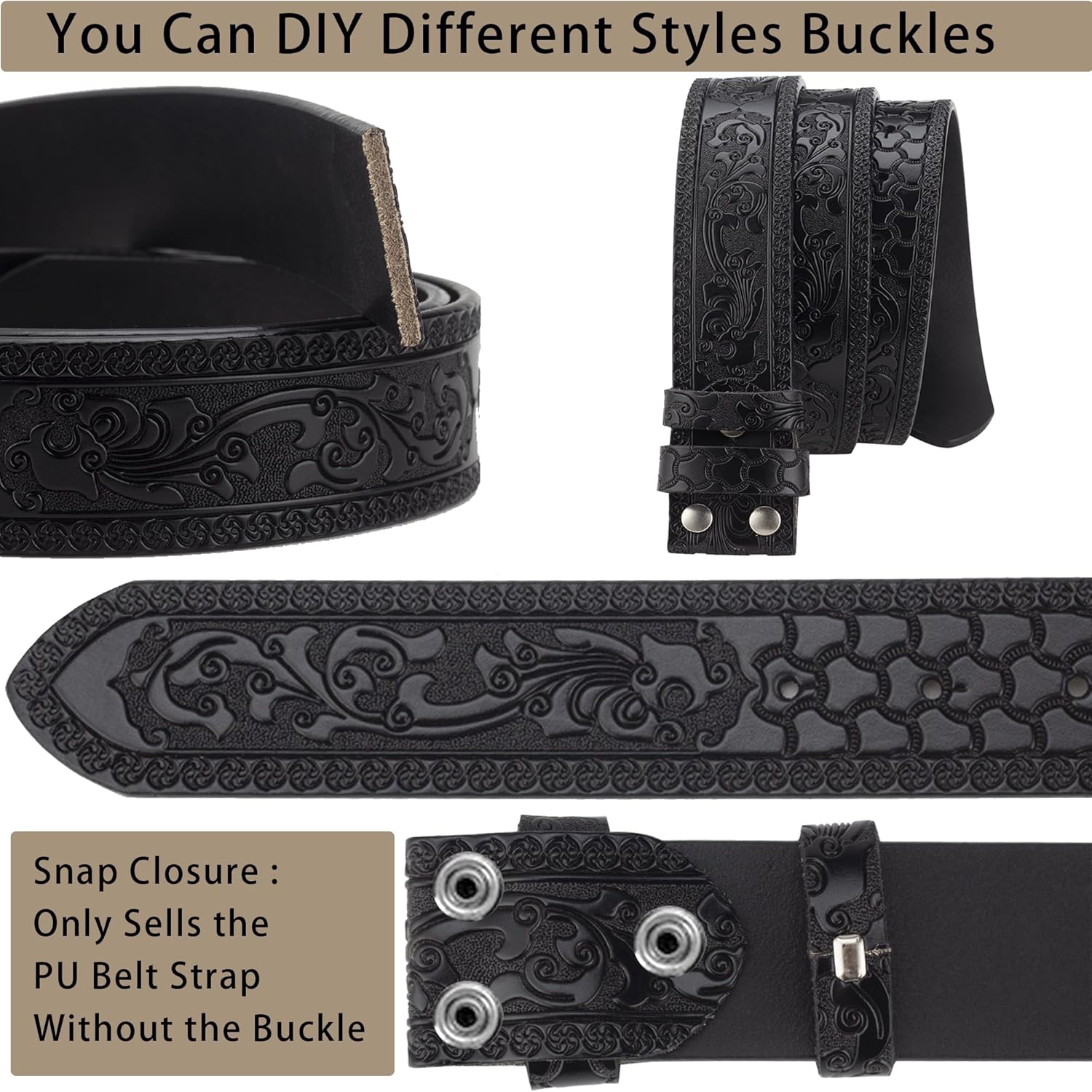 IZUS Vintage Western Belt Strap without Buckle Longhorn-Bull-Embossed Cowboy Belt for Women Men 1-1/2" Wide PU Leather Strap - Image 6