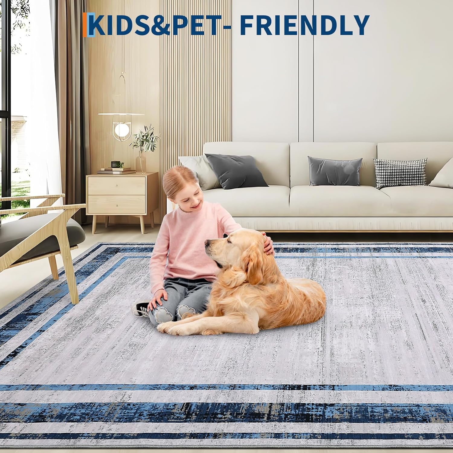 GarveeHome Washable Runner Rug 2x6 Modern Border Soft Distressed Blue Minimalist Non Slip Hallway Stain Resistant Kitchen Contemporary Runner