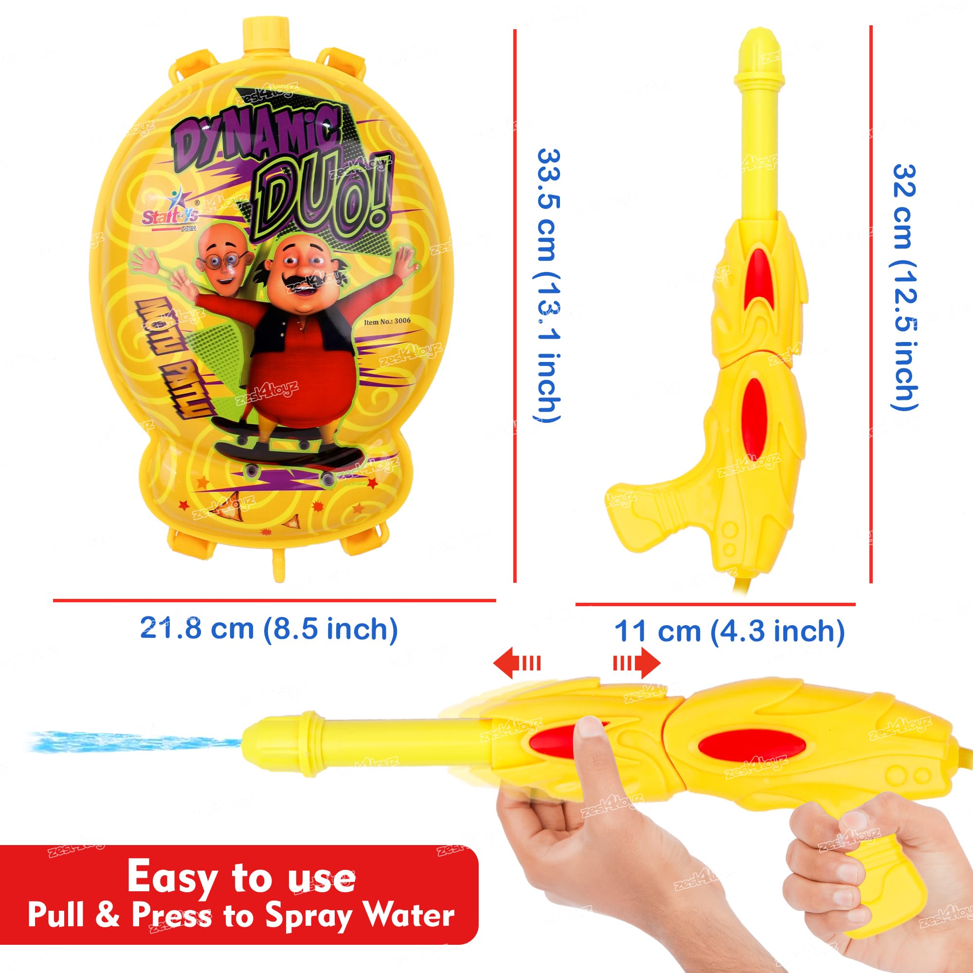 Zest 4 Toyz Holi Pichkari Water Gun for Kids Backpack Tank Holi Water Gun with 1 Pkt Holi Color and 100 Balloons for Holi Celebration - Boys and Girls (Rocket Tank) - Motu Patlu 1