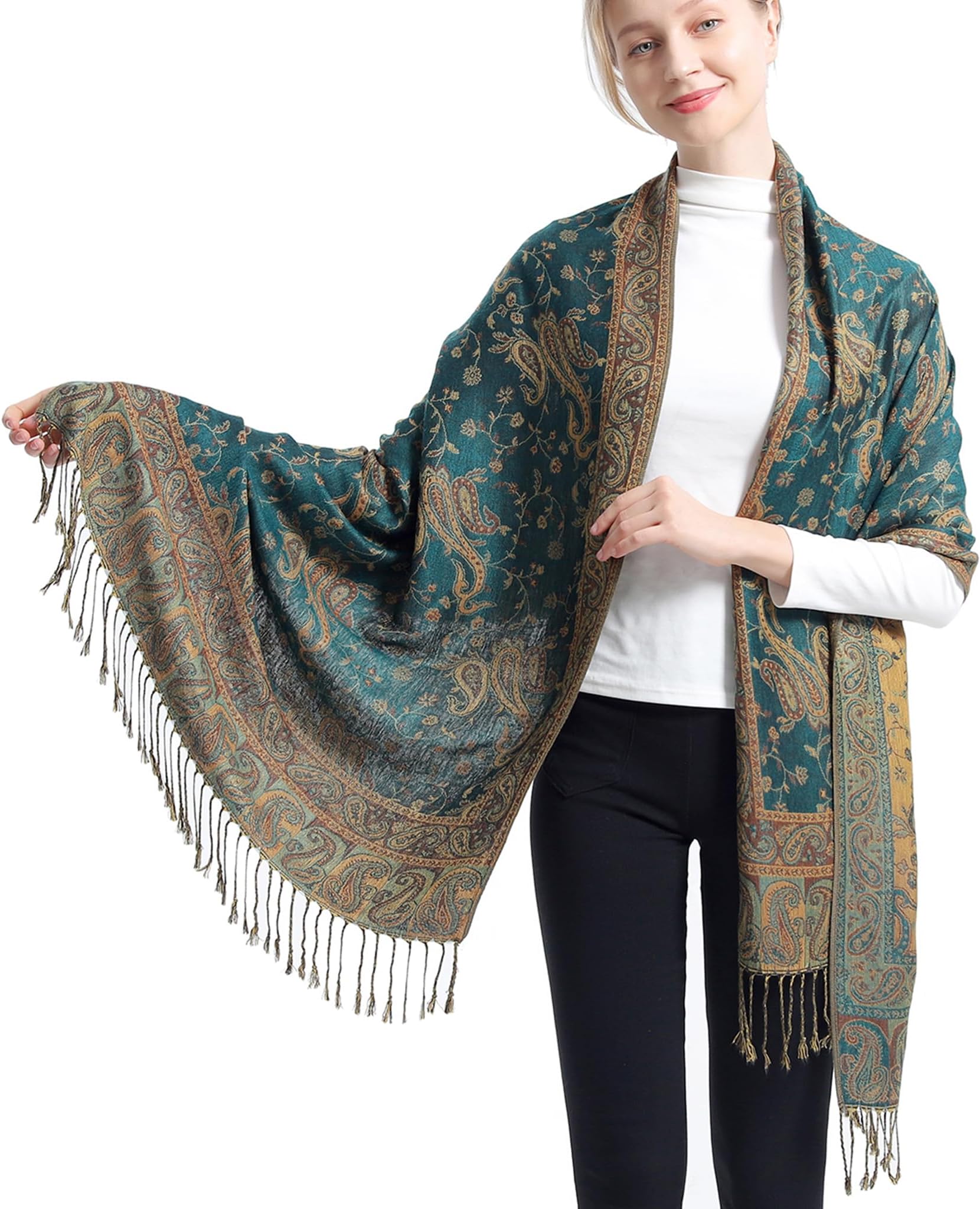 Two Tone Silky Paisley Pashmina Shawl Scarf,Soft Women's Rave Jacquard Pashminas Wrap Scarves