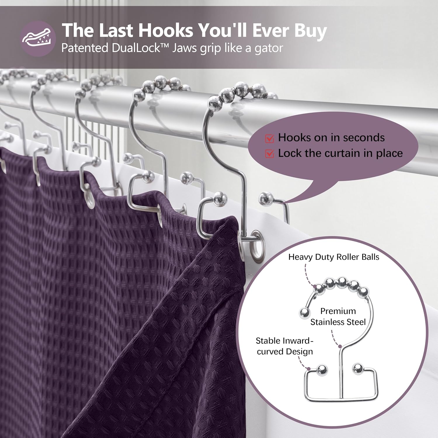 Luxury 3 in 1 Shower Curtain Set 3D Textured Waffle Weave Bathroom Curtain with Waterproof SGS Certified Fabric Liner & 12 Anti-Fall Stainless Steel Hooks, Machine Washable 72"x78" (Purple)