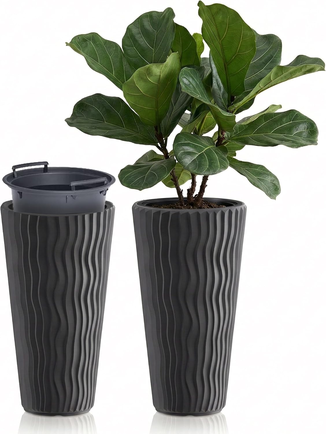 GEEZY Tall Slim Wavy Plant Pot with Insert, 53.1 x 29.7 cm – Weather Resistant Anthracite Grey Indoor & Outdoor Planter – Modern Flower Pots for Home, Garden & Patio
