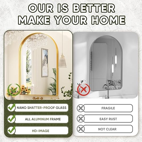 Miniatura 4 de Espejo de baño, espejo de pared de 22 x 30 pulgadas para baño, espejos arqueados, marco de metal cepillado, espejo de baño dorado para sala de