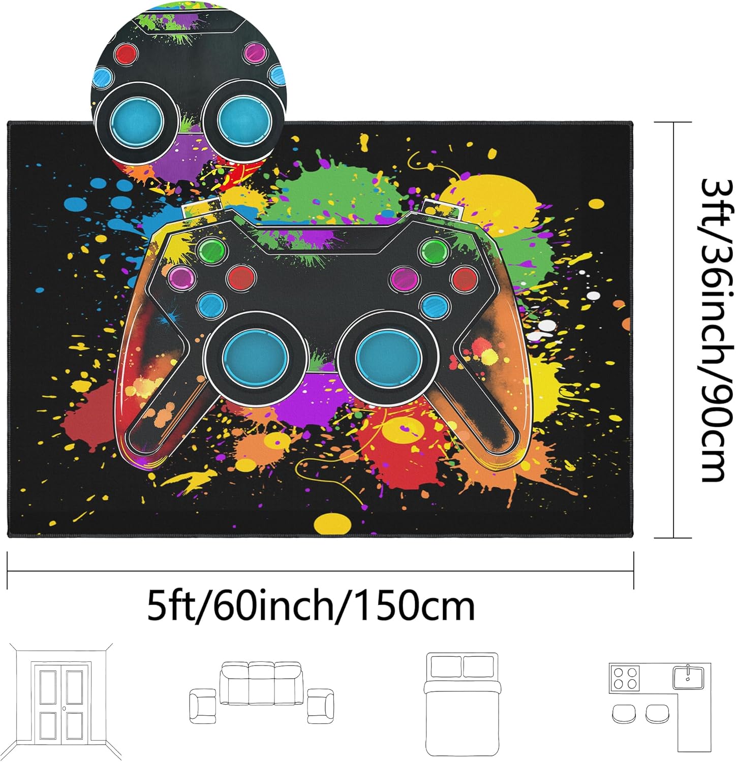 Gaming Rug for Room,3x5 ft Non-Slip Cool Gamer Carpet for Bedroom Livingroom and Game Room Rug Decor - Image 2