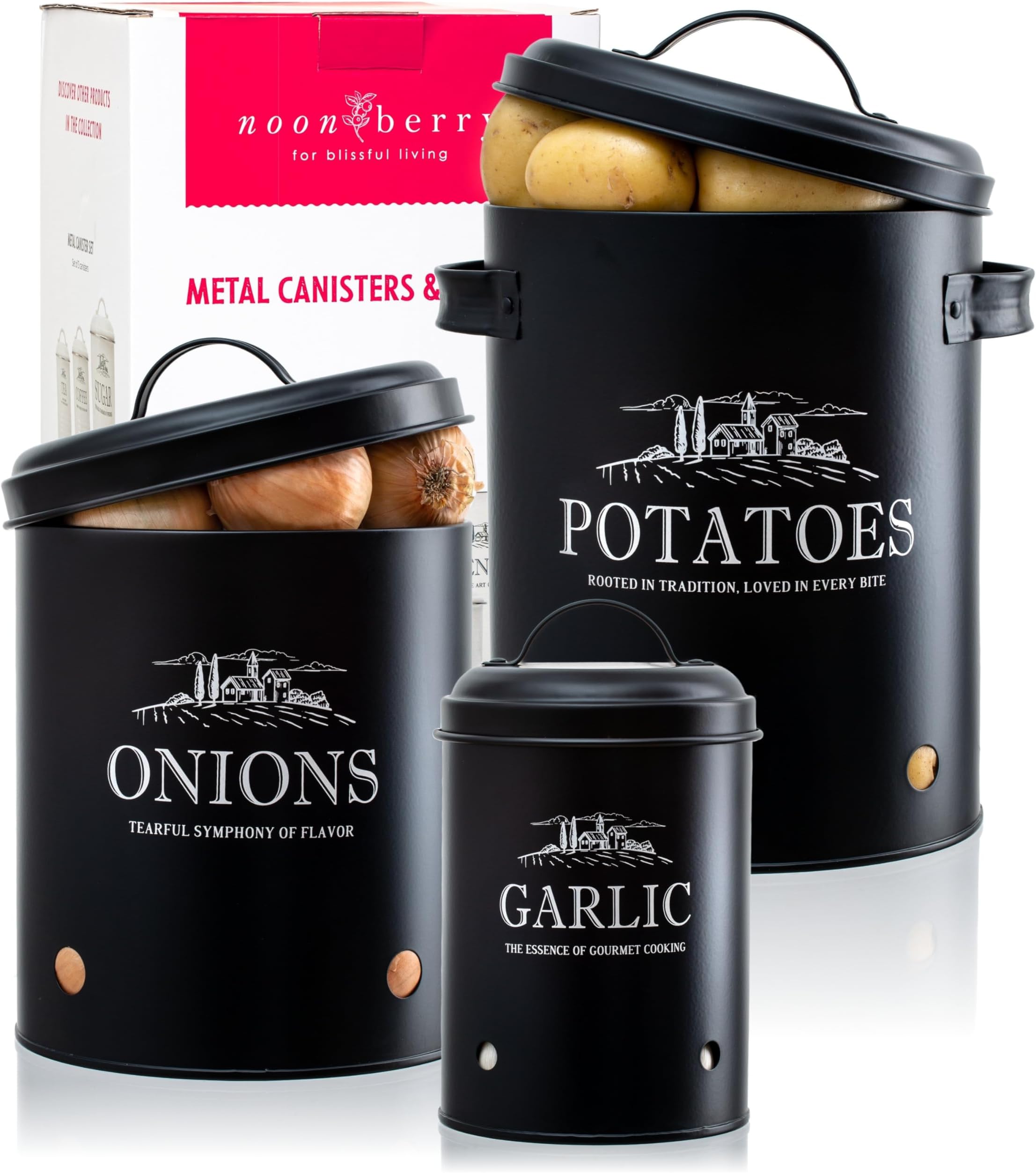noonberry Potato and Onion Storage Bin Set – 3 Matte Black Metal Kitchen Canister Set with Garlic Keeper – Ventilation Holes – Rustic Farmhouse Kitchen Décor – Gift-Ready Storage Containers