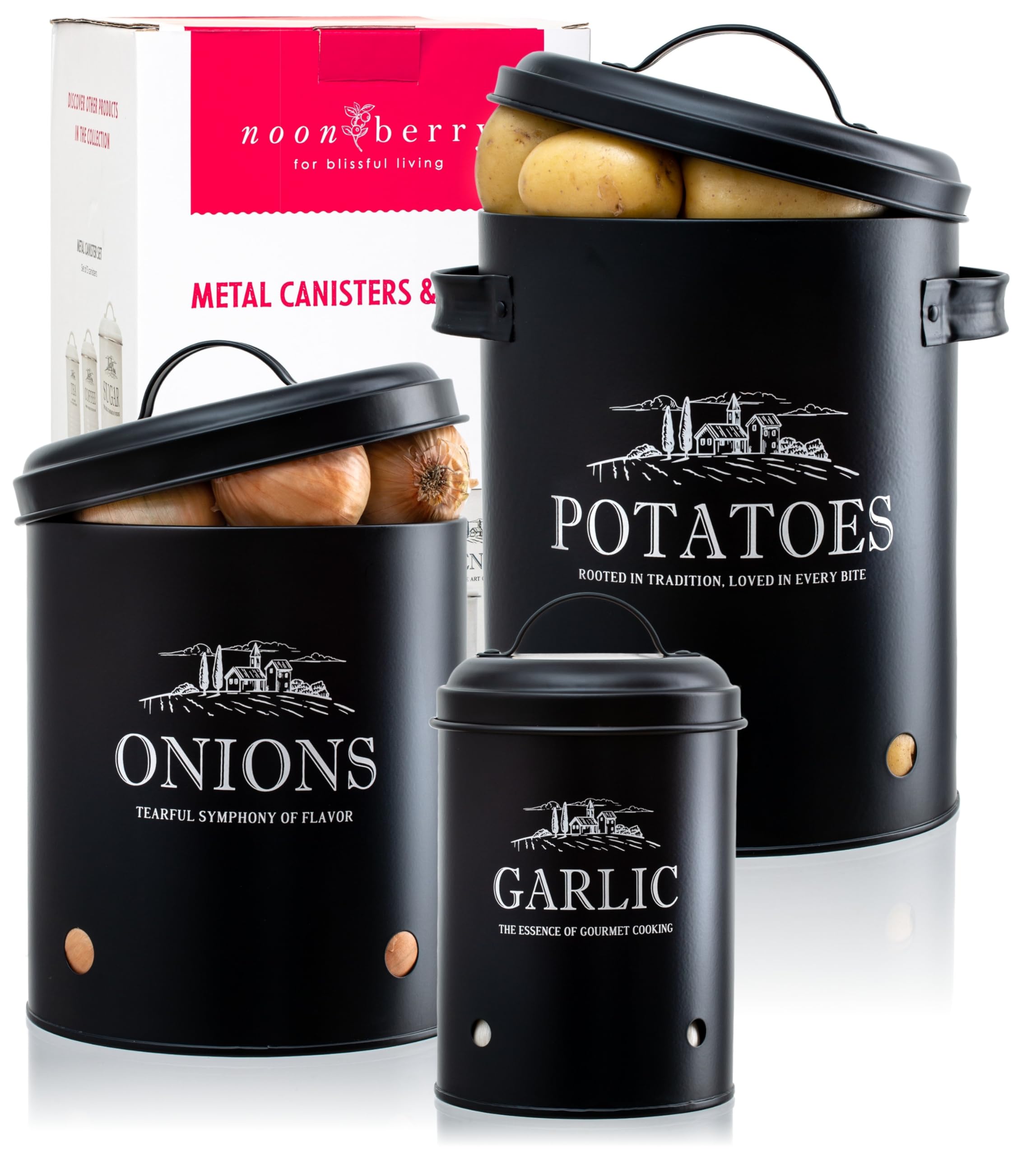 Potato and Onion Storage Bin Set – 3 Matte Black Metal Kitchen Canister Set with Garlic Keeper – Ventilation Holes – Rustic Farmhouse Kitchen Décor – Gift-Ready Storage Containers