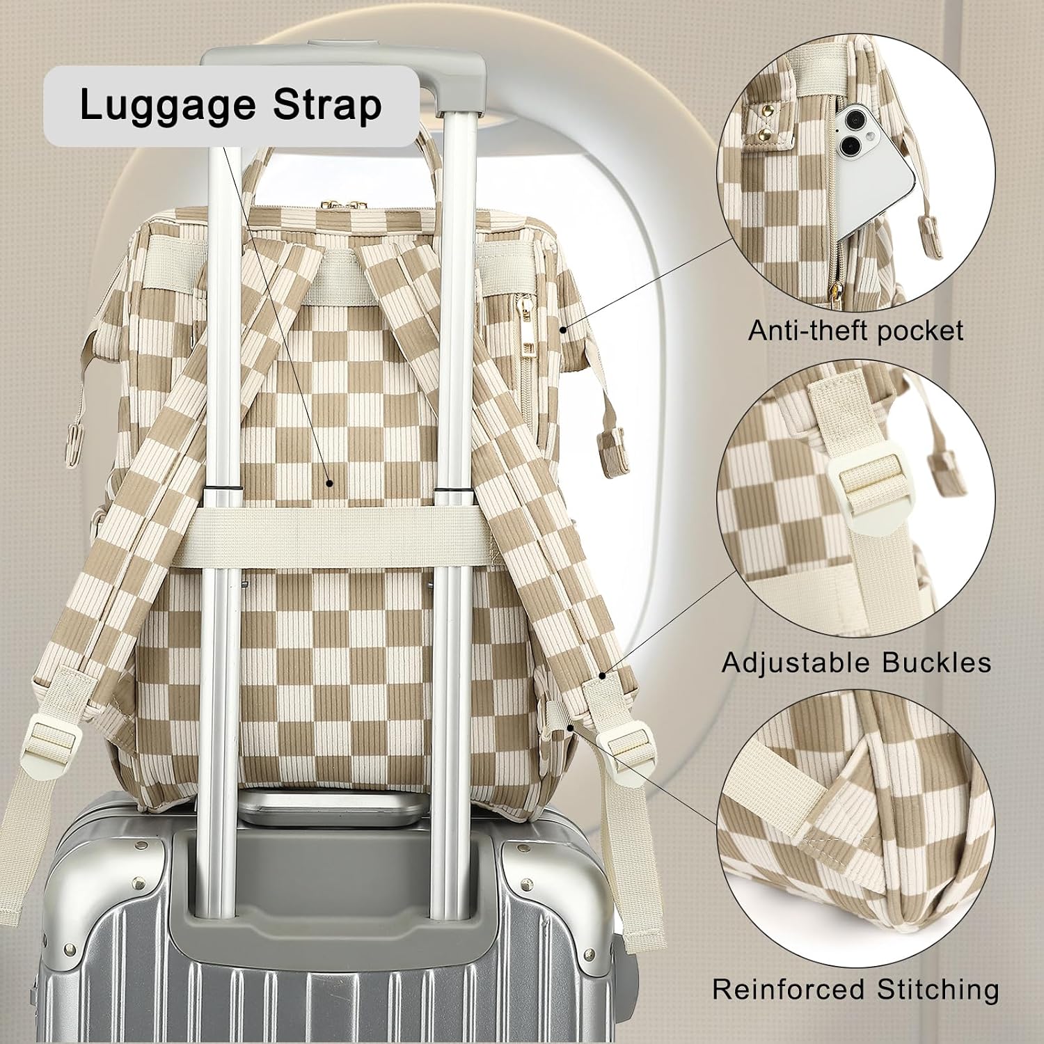 Laptop Backpack for Women, Corduroy College School Backpack Bookbag 15.6 inch Business Computer Travel Backpack (Checkered Brown)