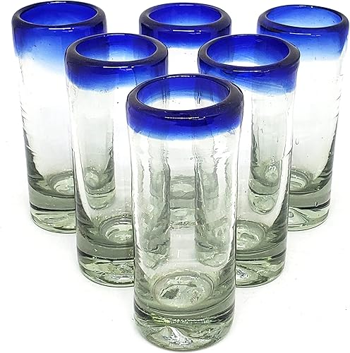 Miniatura 6 de Juego de jarra y 6 vasos de vidrio reciclado, sin plomo, sin toxinas (jarra y vasos) con borde azul cobalto de 120 onzas
