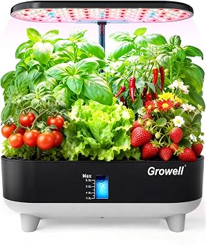 Growell 16 Pods Hydroponics Growing System Kit with 3 Light Modes & 2 Timer | Smart Water Circulation, LED Grow Light, 8L Large Water Tank, Coutertop, Indoor Herb Garden, Perfect Gardening Gifts, Black