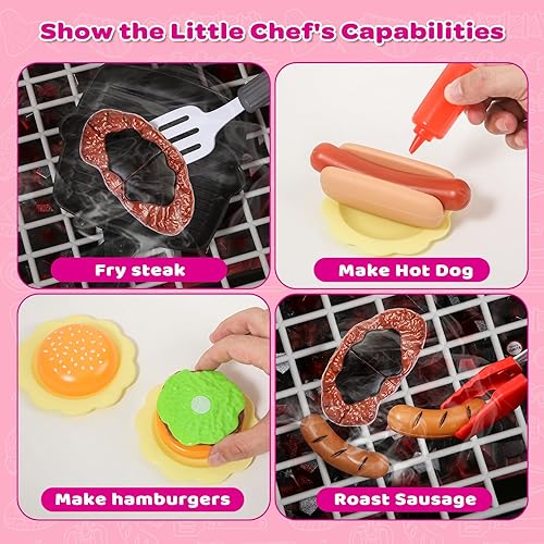 Miniatura 5 de Juego de juguetes de cocina rosa, juego de parrilla para niños con humo, sonido y luz, juego de chef, juguetes interactivos de cocina, regalo de