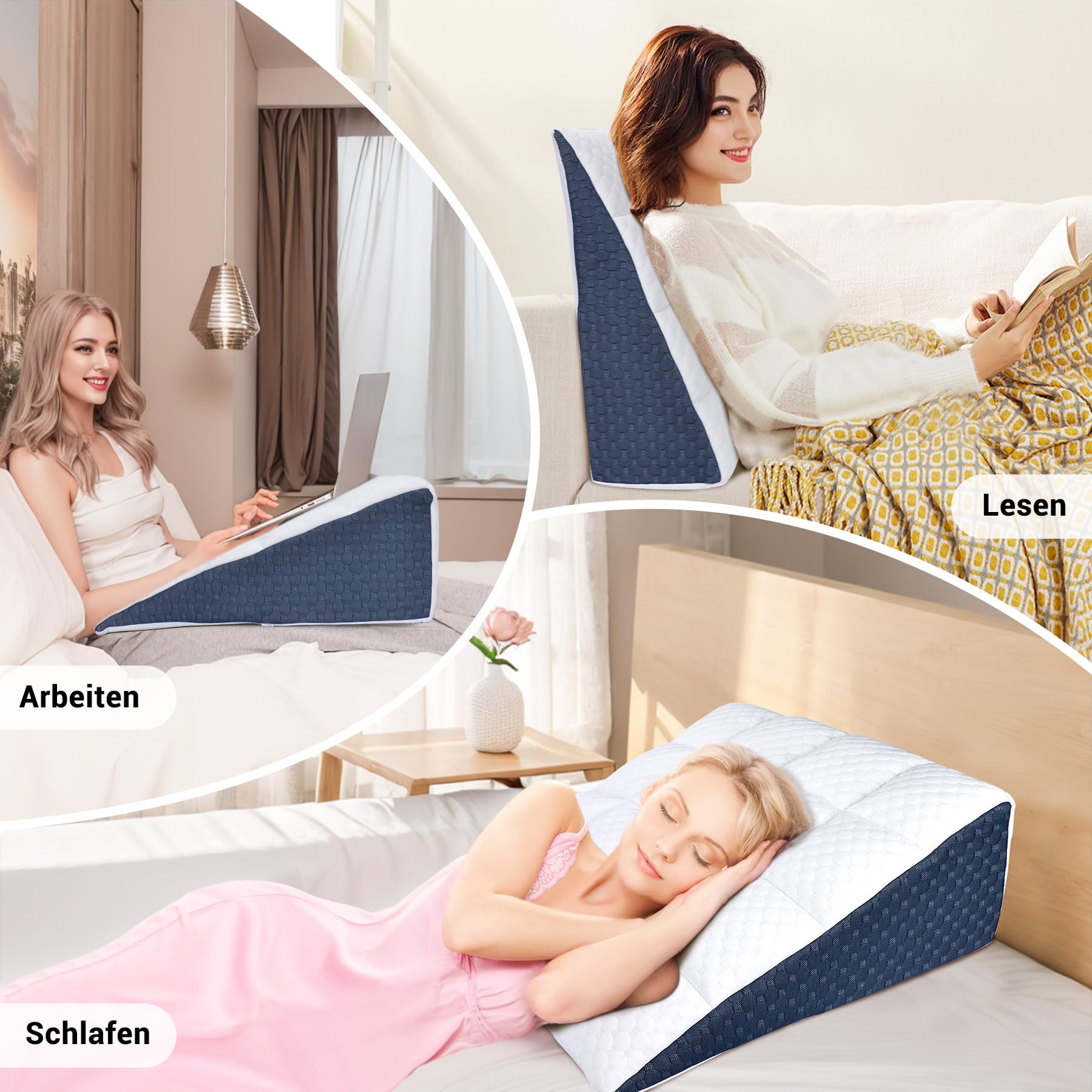 INFANZIA Vielseitig Keilkissen 21cm Erhöhung für Bett und Sofa, Dreieckskissen aus Hochdichteschaum, Ergonomischer Bettkeil für Reflux Schlafapnoe, Rückenstütze & Beinauflage für Lesen (Weißblau)