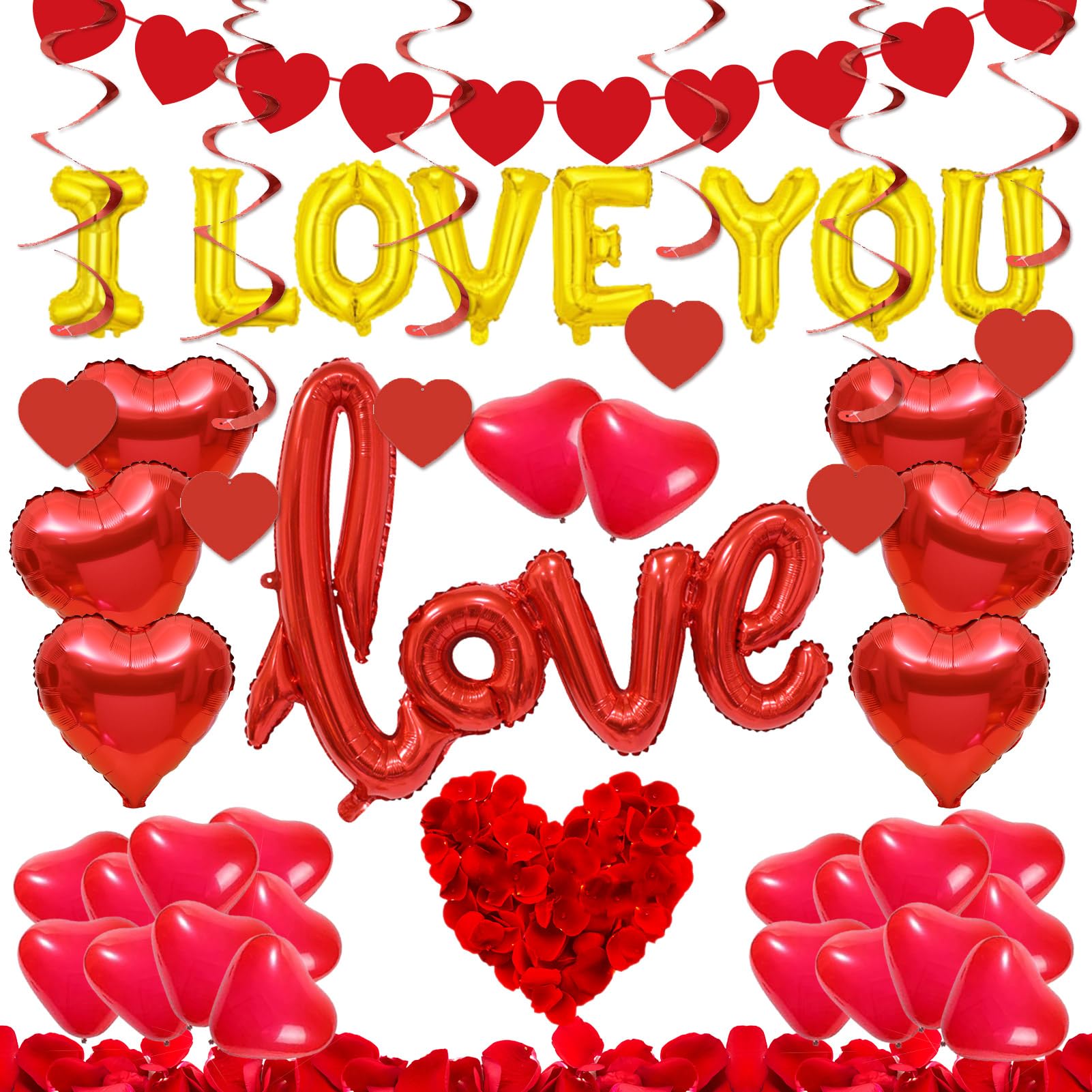 Valentine's Day Decorations I Love You Red Balloons and Heart Balloons Kit with 1000Pcs Dark-Red Silk Rose Petals Romantic Flower Decoration Red Heart Balloons for Wedding Birthday Party Decorations