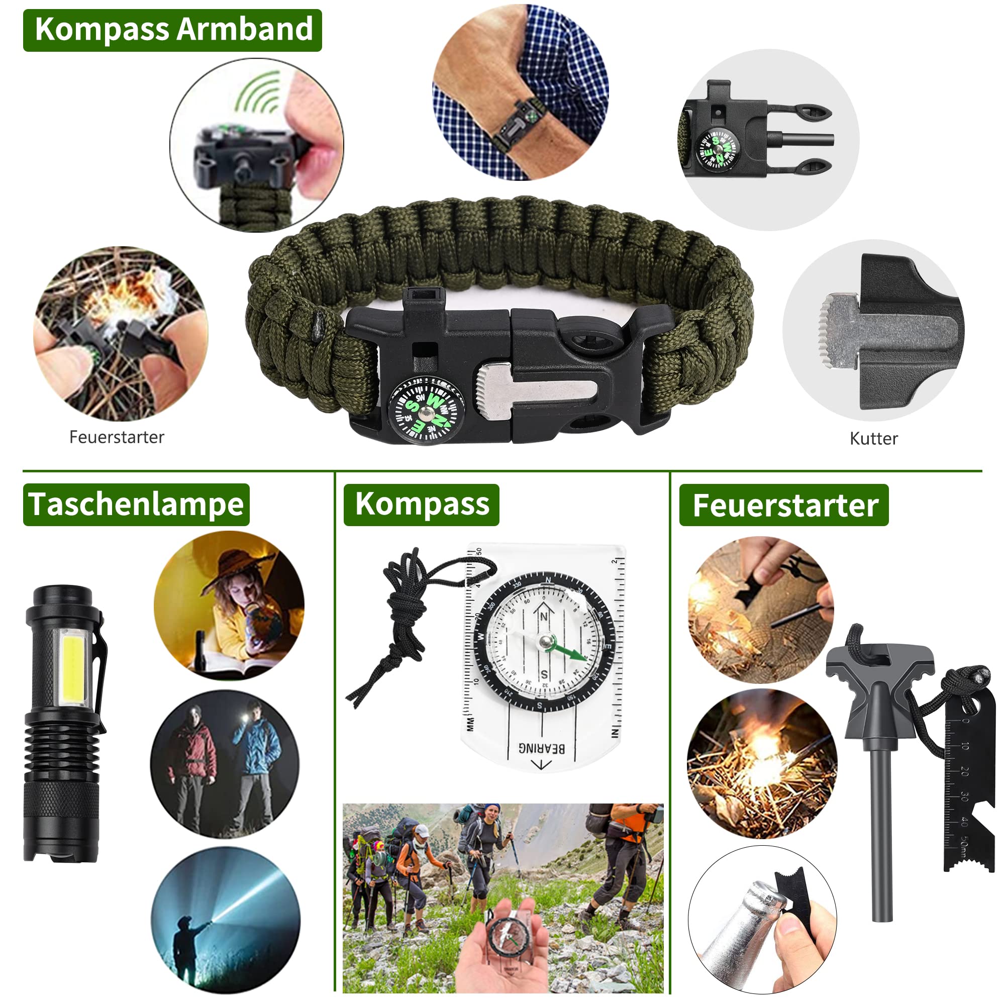 FINIBO Survival Kit 21 in 1, Outdoor Ausrüstung, Außen Notfall Set mit Kompass Taktische Taschenlampe und Weiterem Zubehör, für Camping, Bushcraft, Wandern, Jagde, Abenteuer, Schwarz, 20.6*12.8*5.5cm
