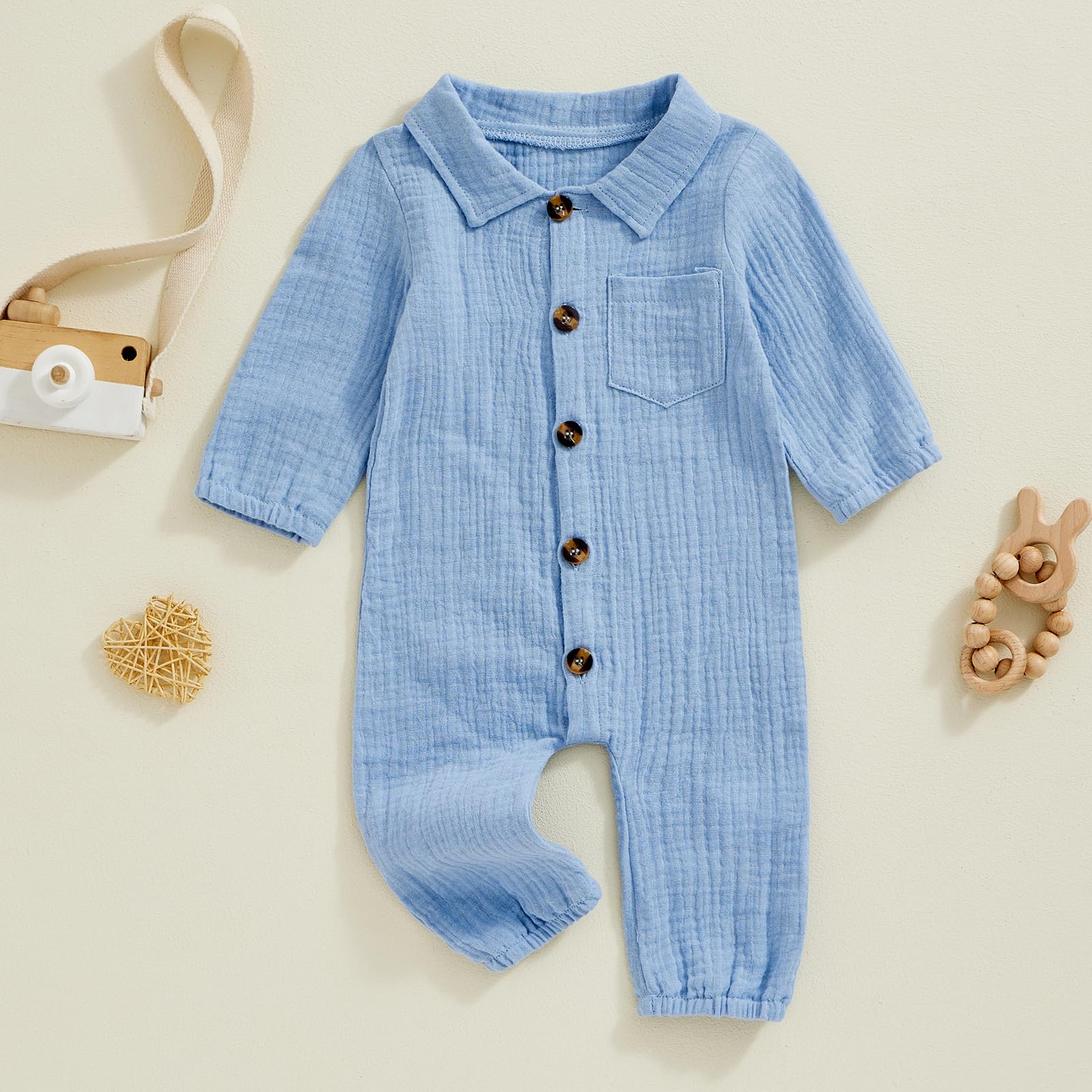 Emmababy Baby Boy Girl Button Jumpsuit Solid Baptism Romper Long Sleeve Collared Shirt Bodysuit Cotton Linen Pocket Playsuit (Blue, 3-6 Months)